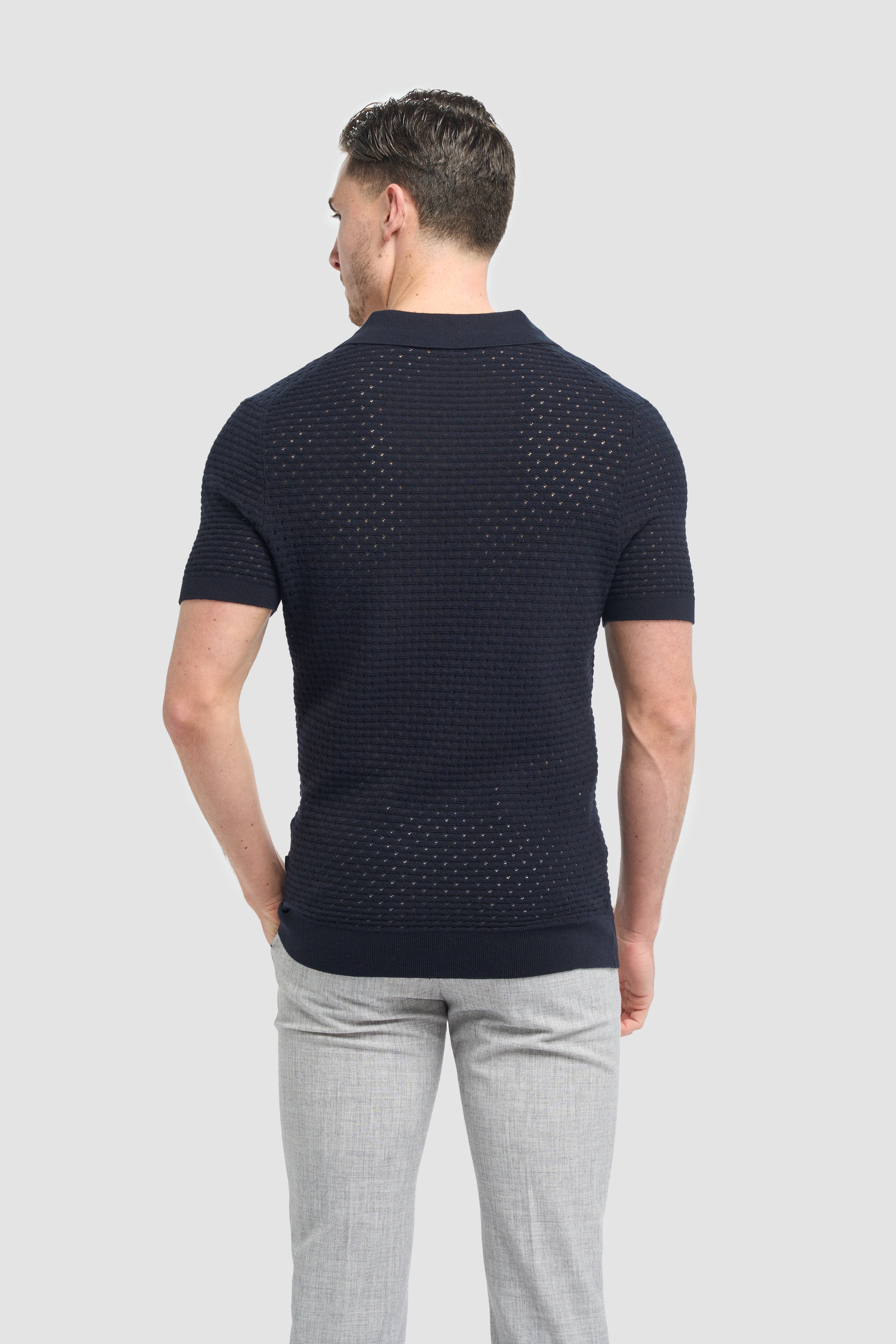 Men’s Cotton Knit V-Neck Polo Shirt - Axel - Navy Model Back Picture