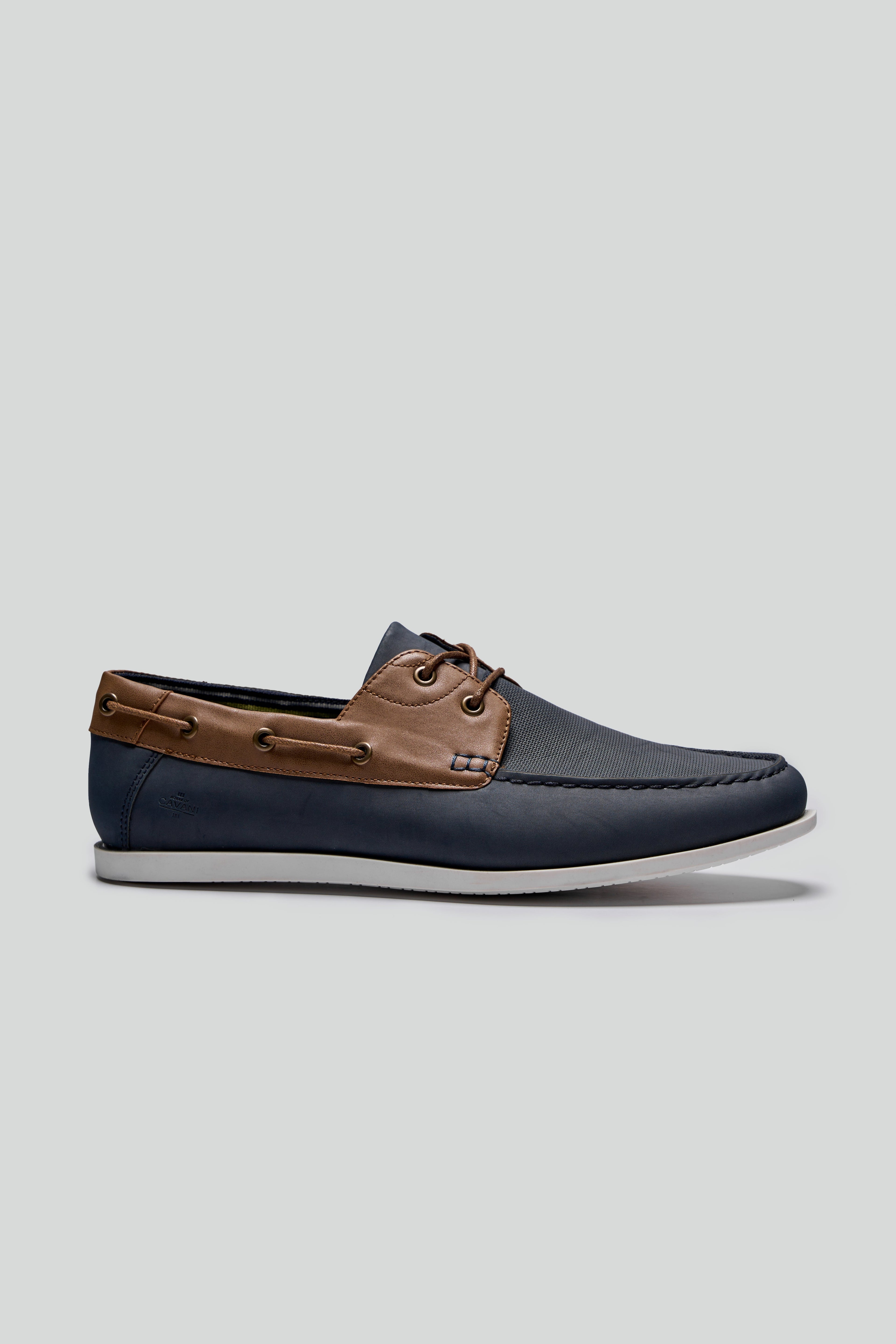 Men's tan and navy leather boat shoes with white sole, ANDROS.