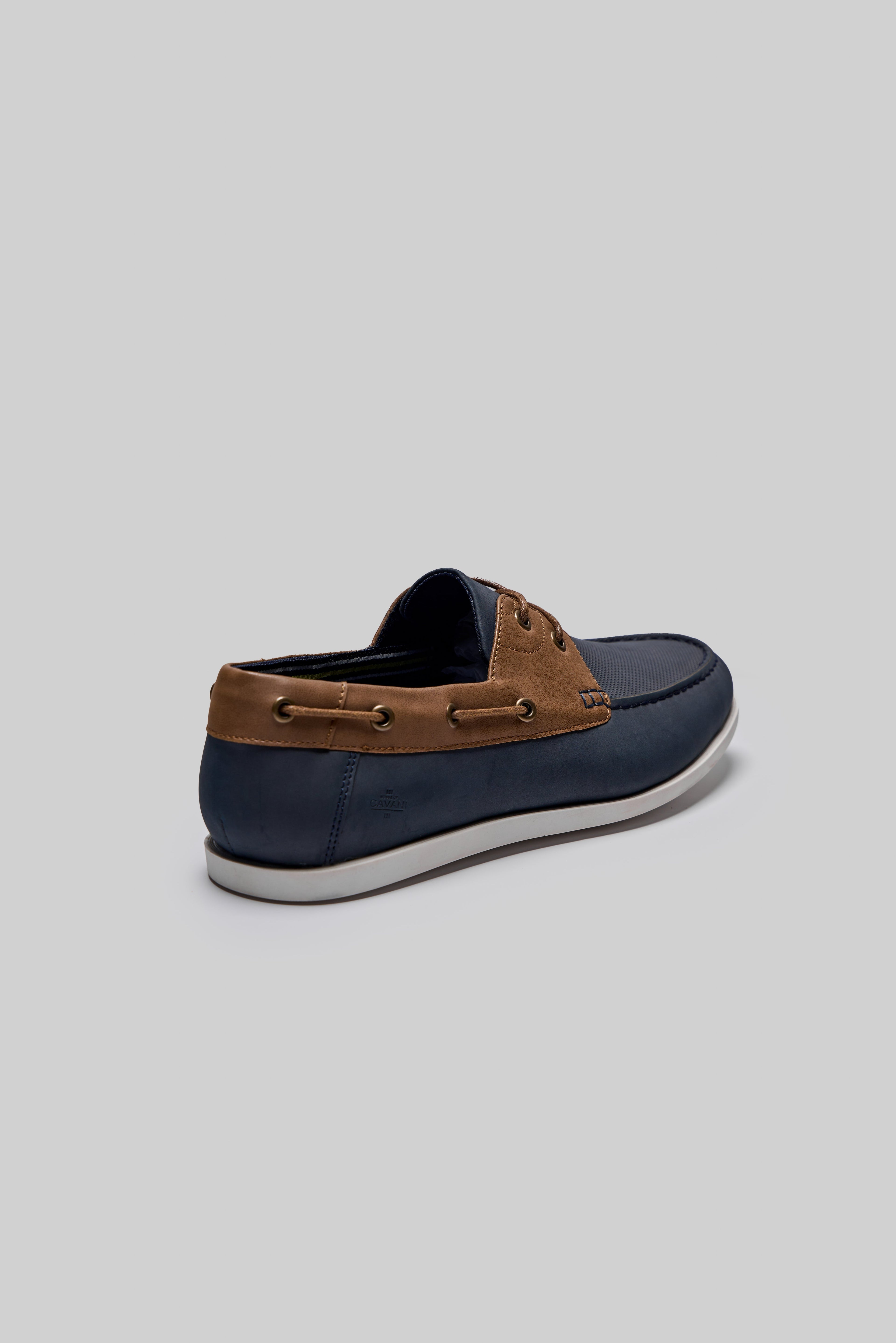 Men’s Leather Boat Shoes with White Sole - ANDROS - Tan - Navy Back Picture