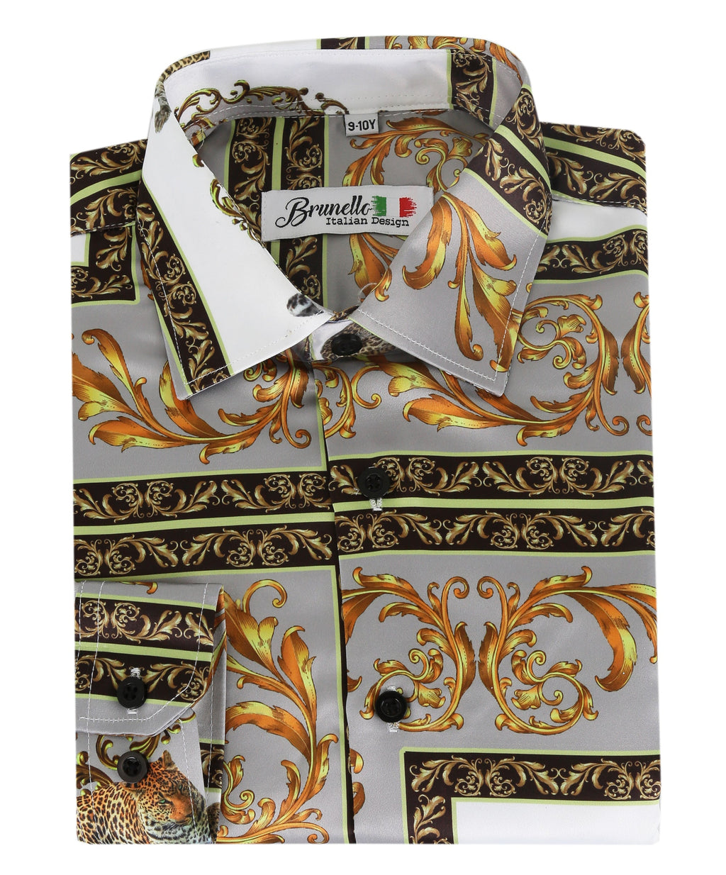 Men's Long Sleeve Printed Satin Shirt - Grey and Gold Front Picture