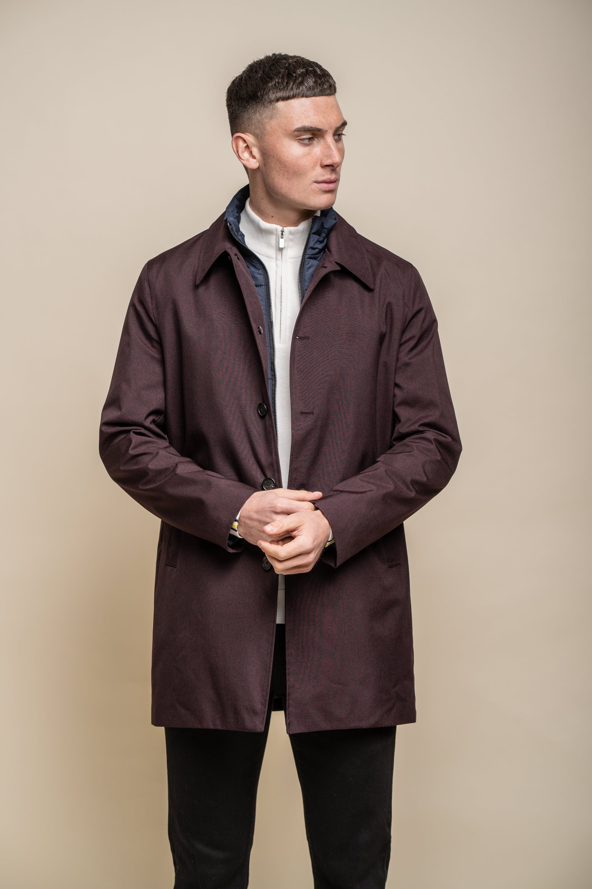 Men’s midi-length Geke coat with removable zipper in wine red, BRANDO.