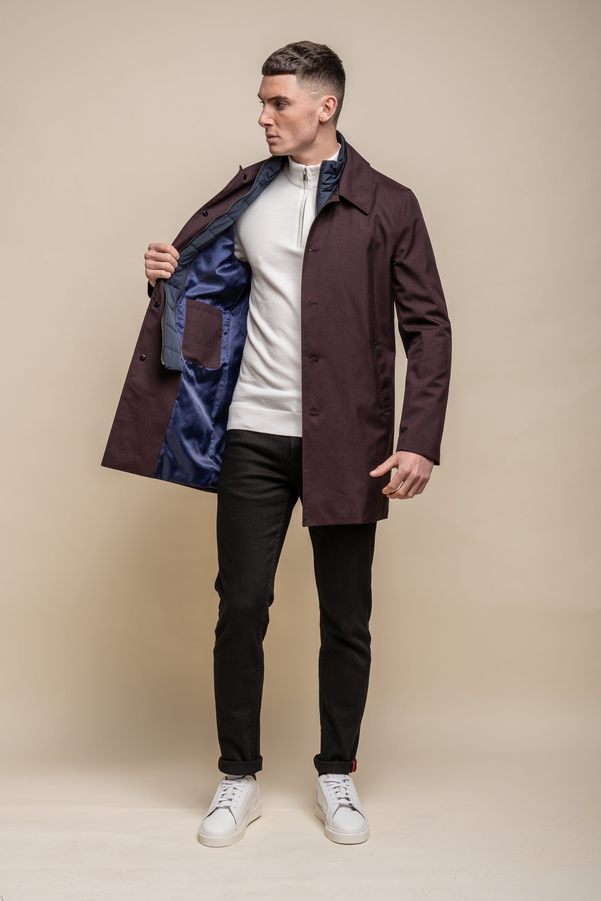Men's Midi Length Geke Coat with Removable Zipper - BRANDO - Wine Red Model Front Picture