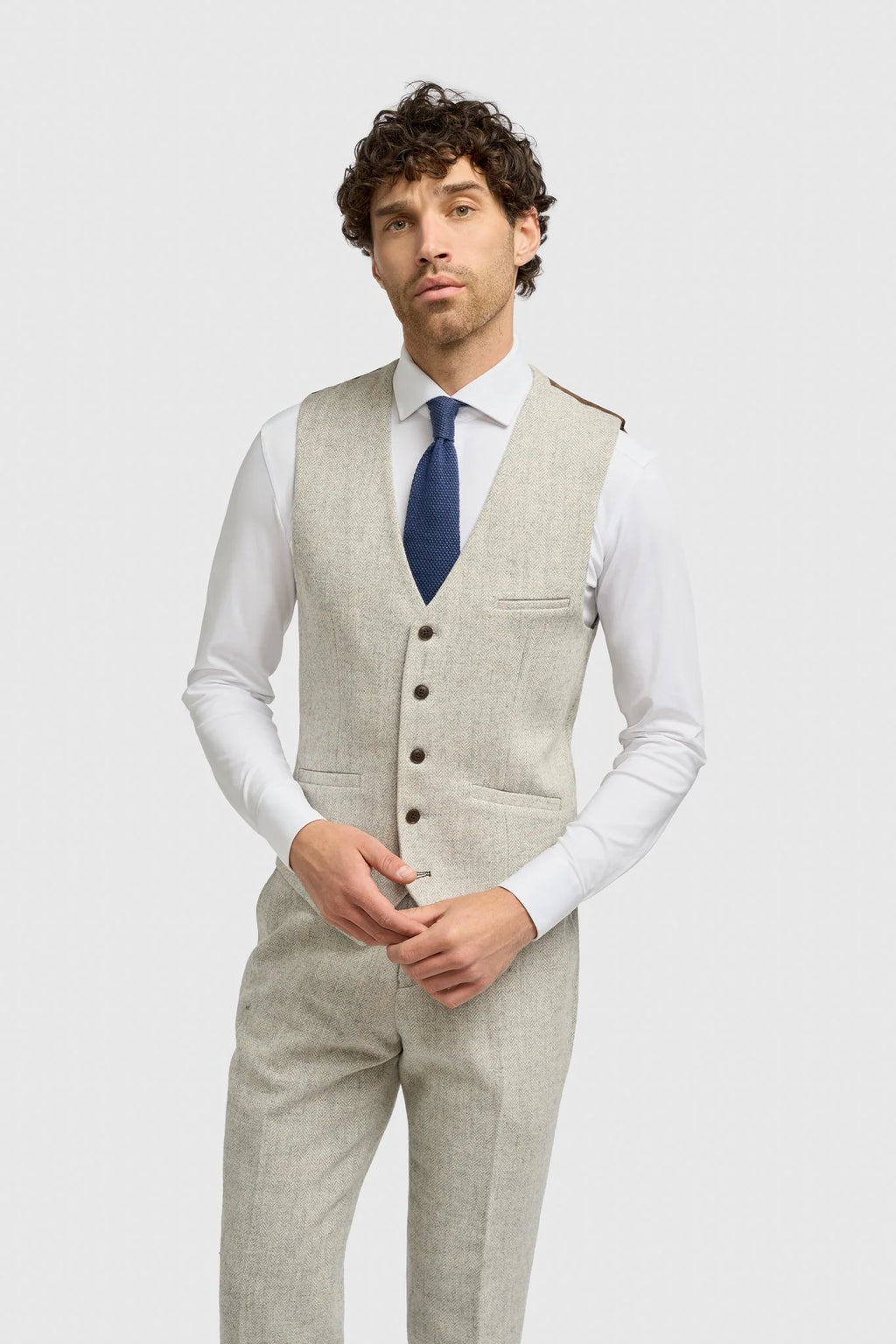 Men’s Pearl Grey 3 Piece Wool Herringbone Tweed Suit Thomas Waistcoat Front Picture