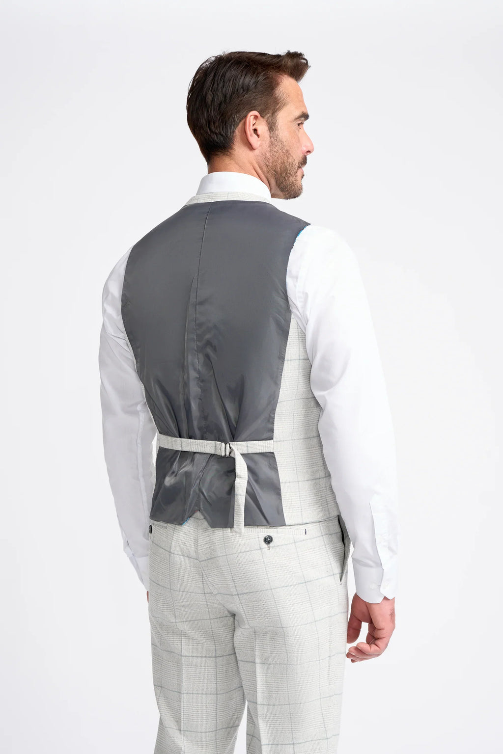 Men's Retro Check Grey Suit - RADIKA - Light Grey Waistcoat Back Picture