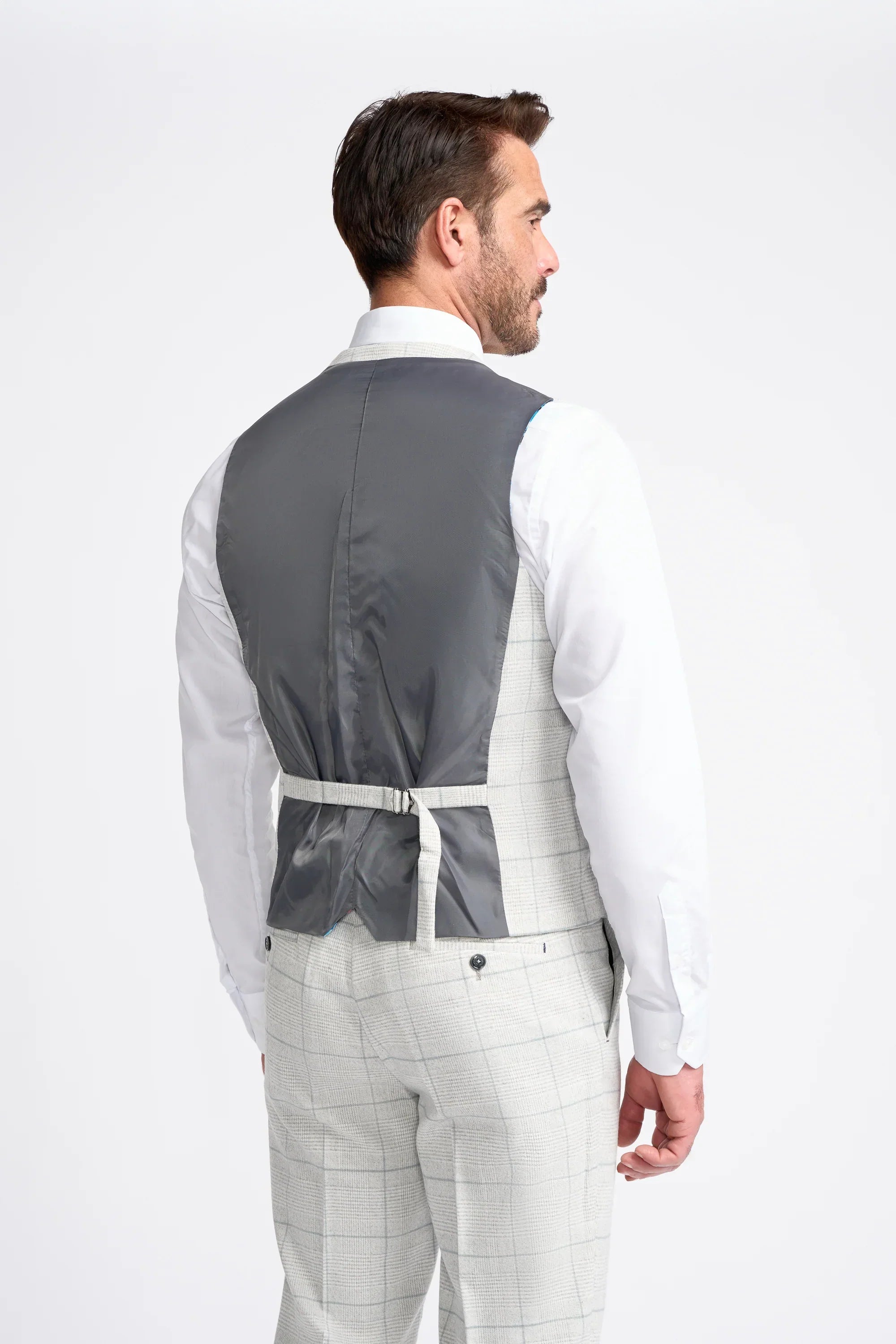 Men's Retro Check Grey Suit - RADIKA - Light Grey Waistcoat Back Picture