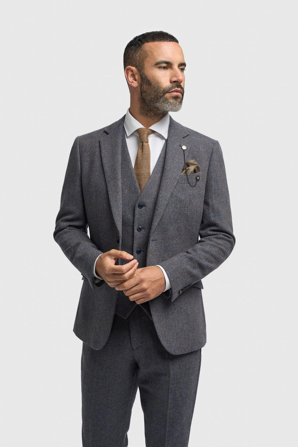 Men’s Savoy Grey 3 Piece Wool Herringbone Tweed Suit Thomas Model Picture