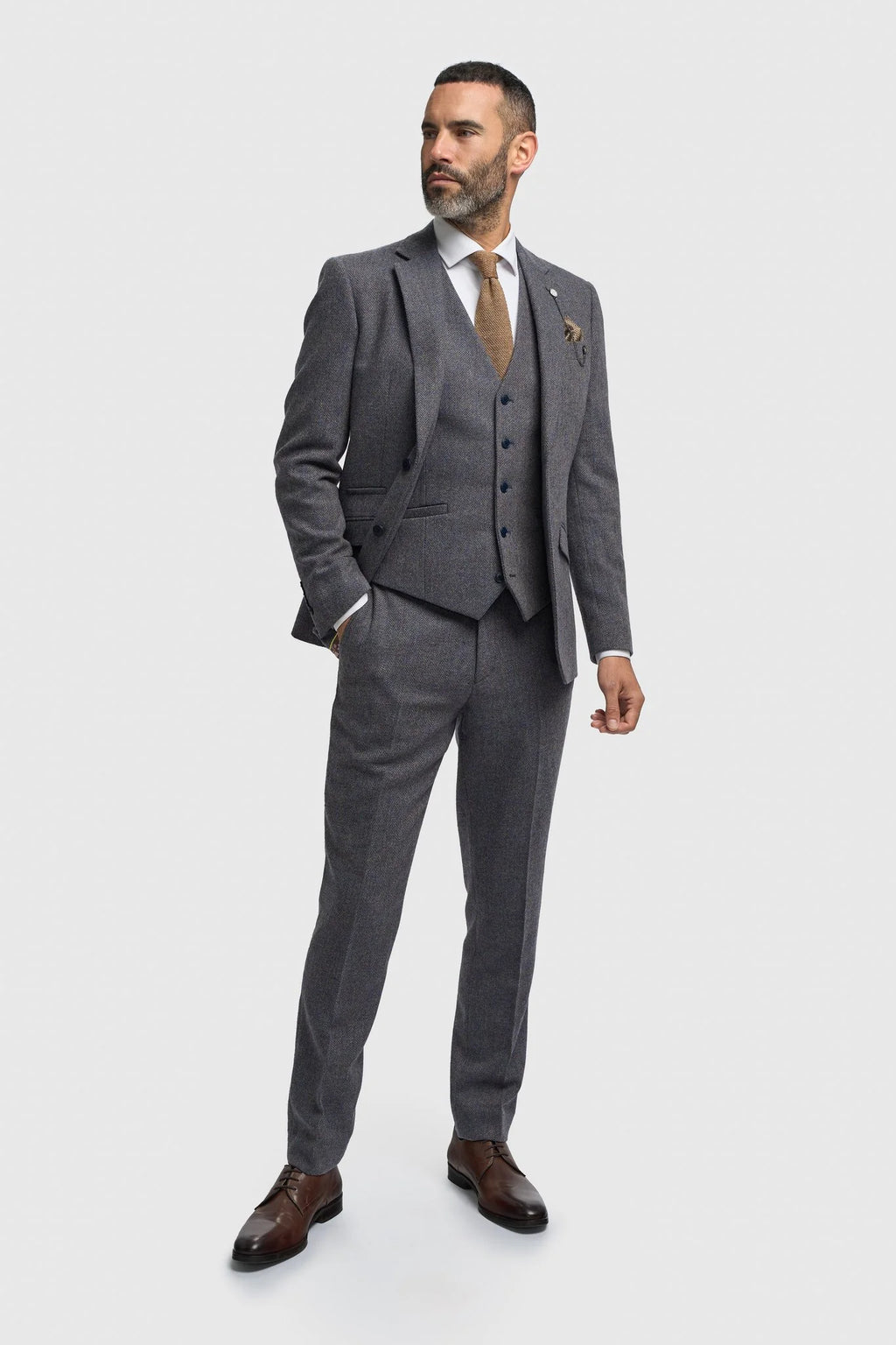 Men’s Savoy Grey 3 Piece Wool Herringbone Tweed Suit Thomas Front Picture