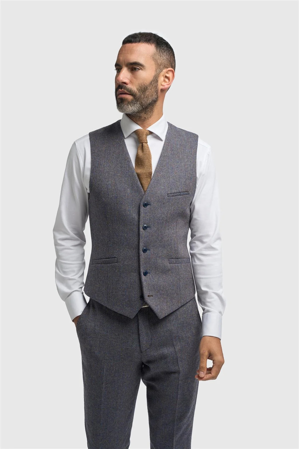 Men’s Savoy Grey 3 Piece Wool Herringbone Tweed Suit Thomas Waistcoat Front Picture