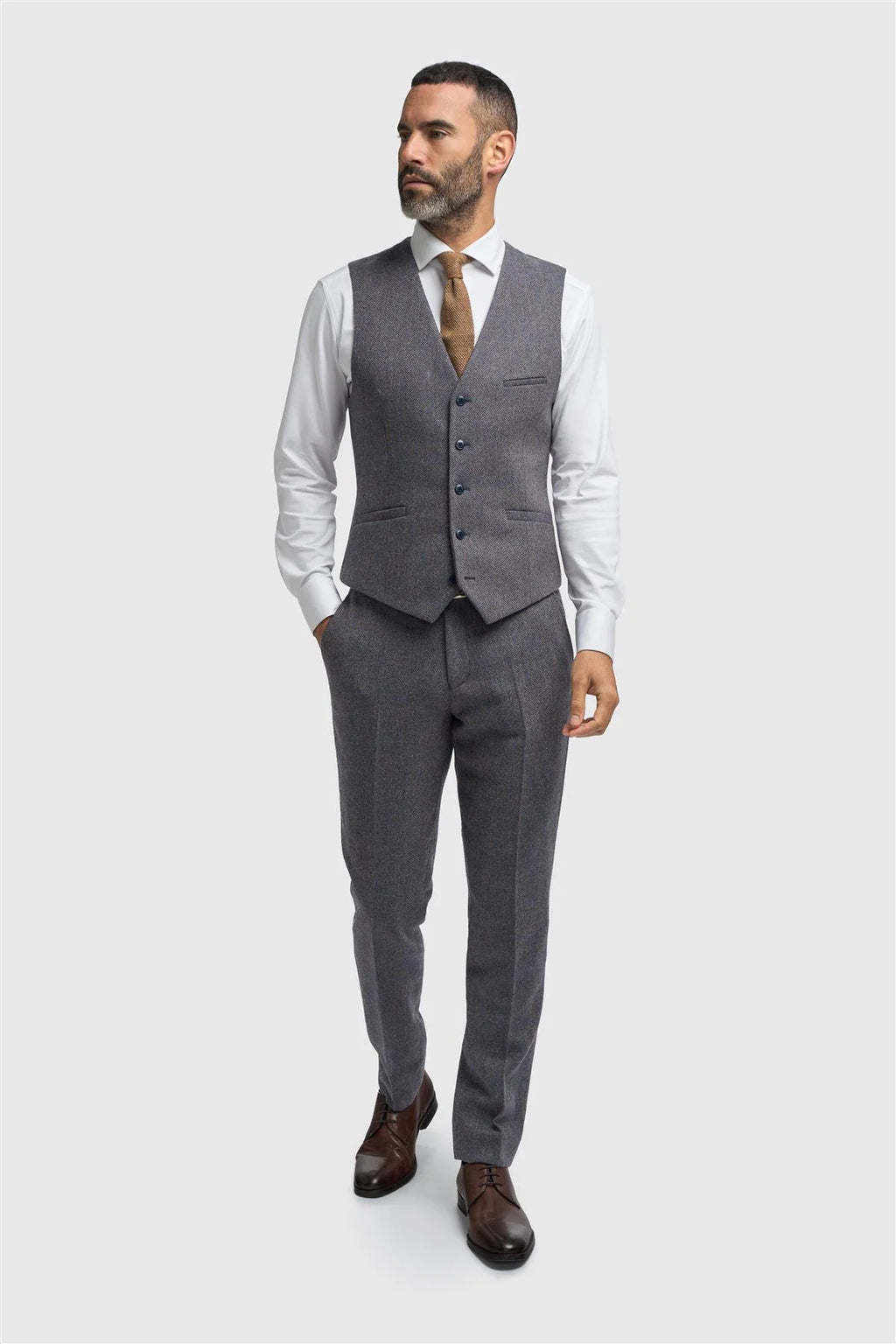 Men’s Savoy Grey 3 Piece Wool Herringbone Tweed Suit Thomas Waistcoat  Picture