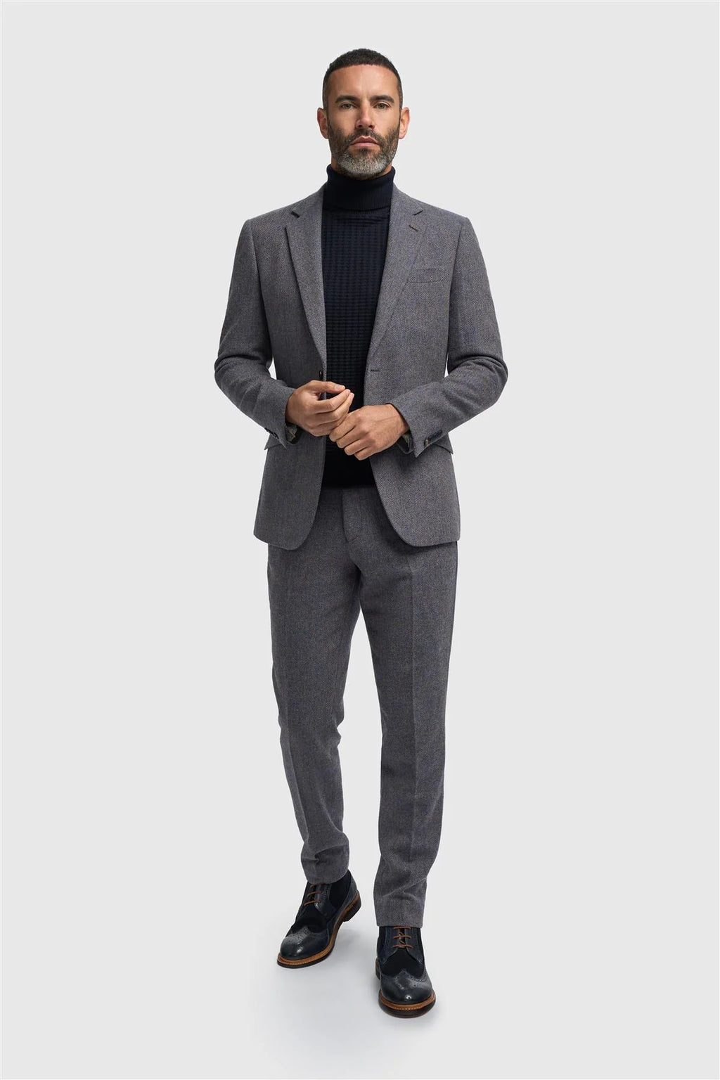 Men’s Savoy Grey Herringbone Wool Tweed Suit Jacket Thomas Front Picture