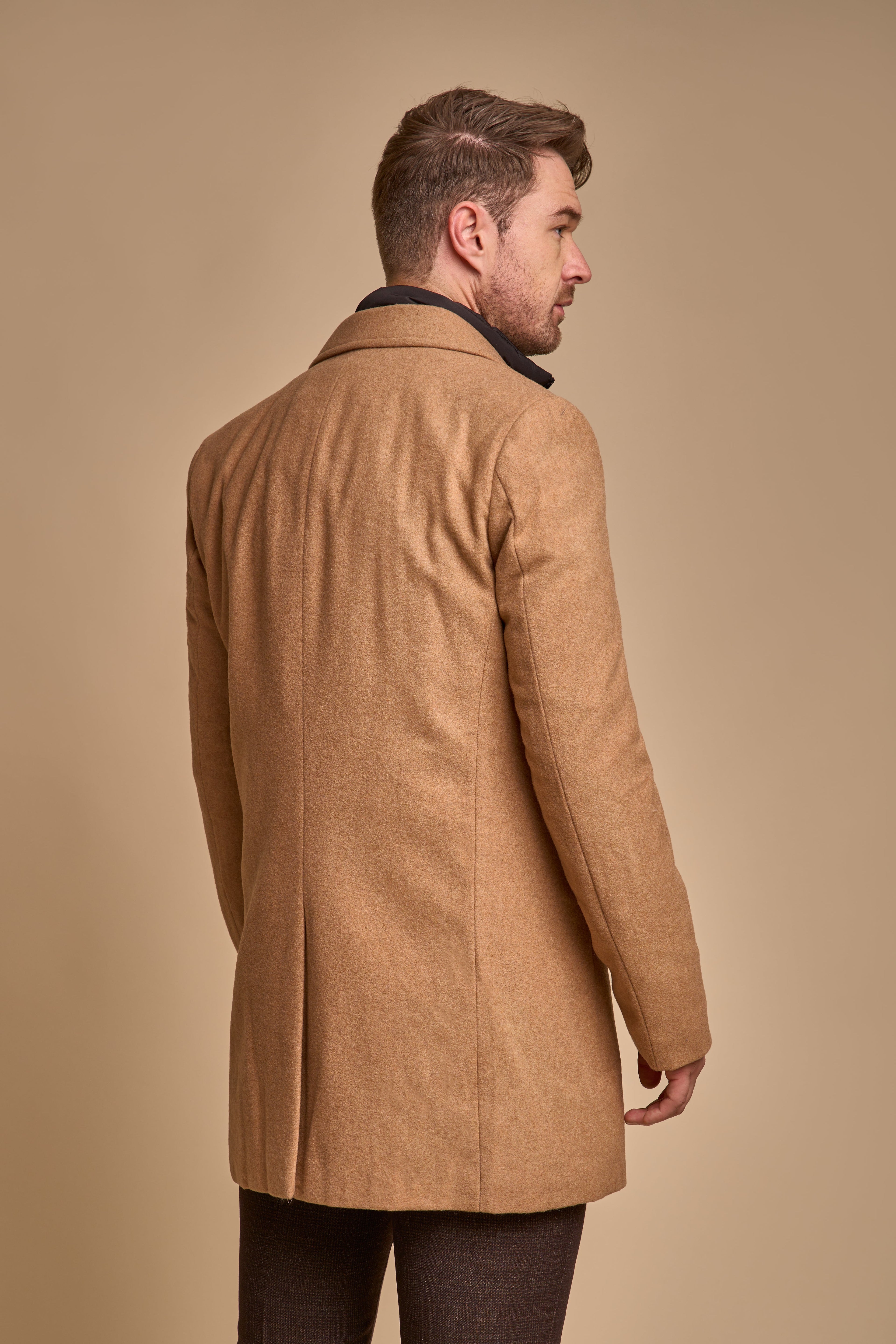 Men's brown camel slim-fit wool-blend coat, SANFORD.