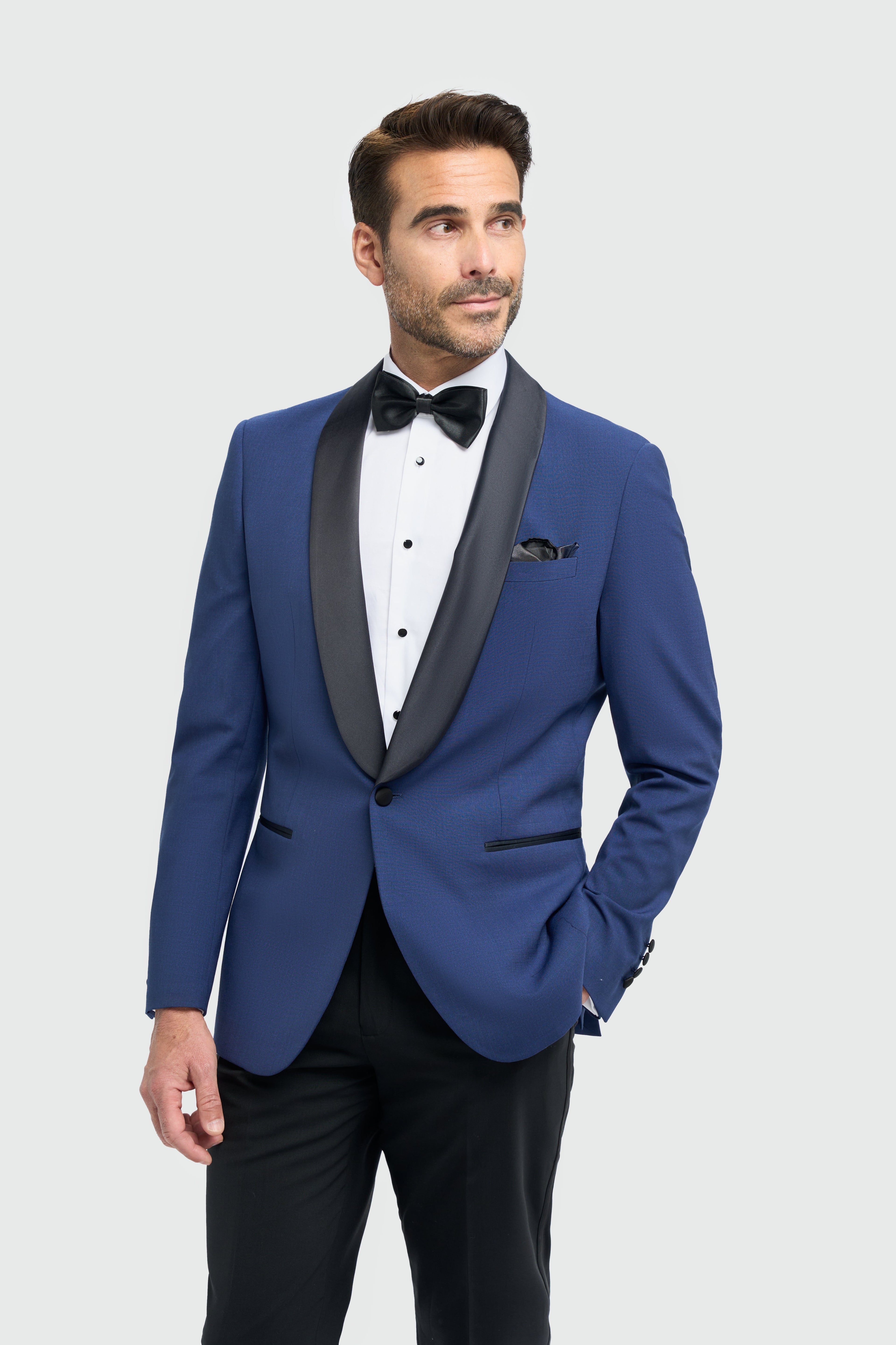 Men's Slim Fit Wool Blend Tuxedo Dinner Suit - ASPEN - Electric Blue Model Picture