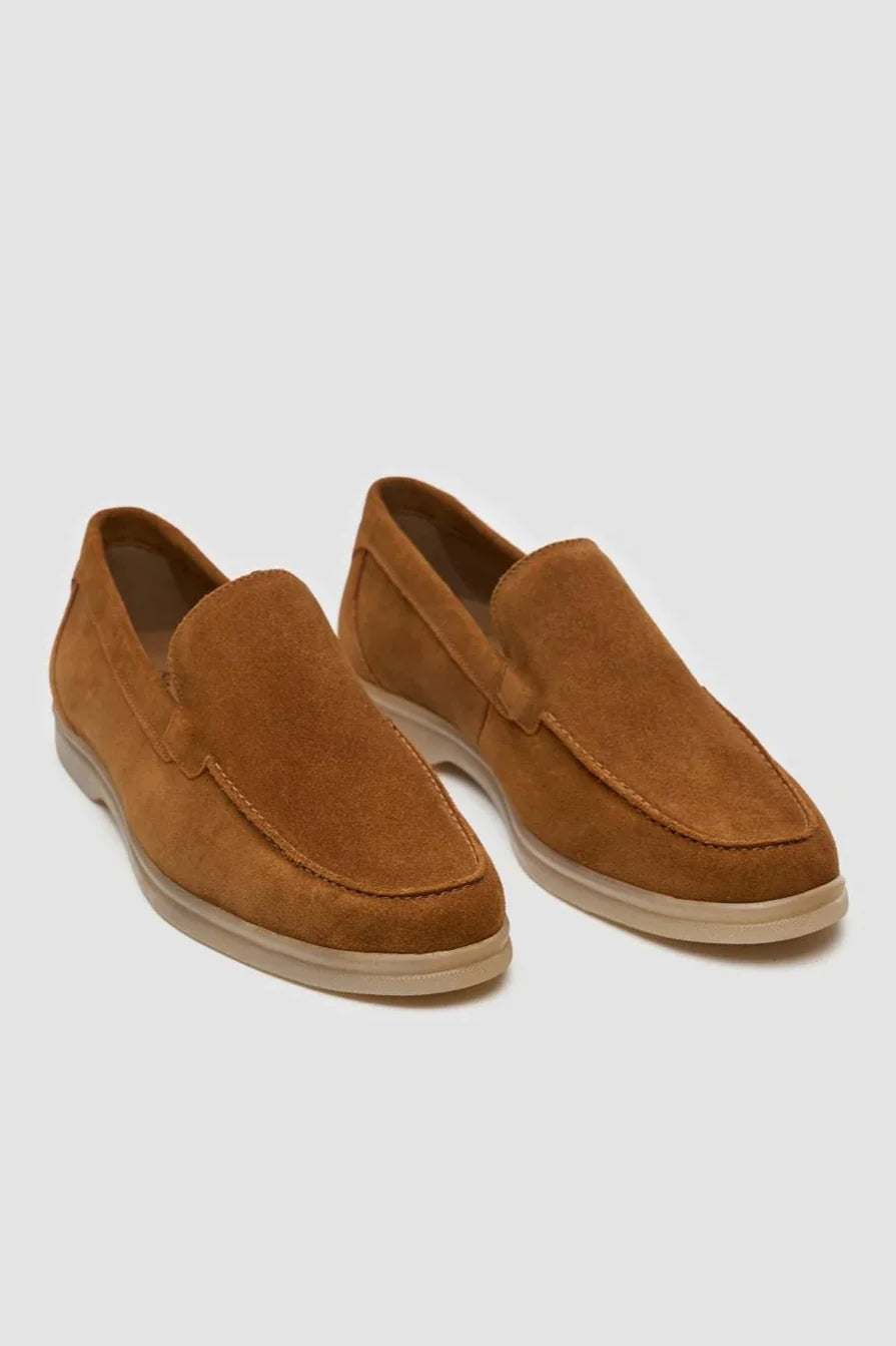 Men's tan brown suede moccasin slip-on loafers, BREEZY.