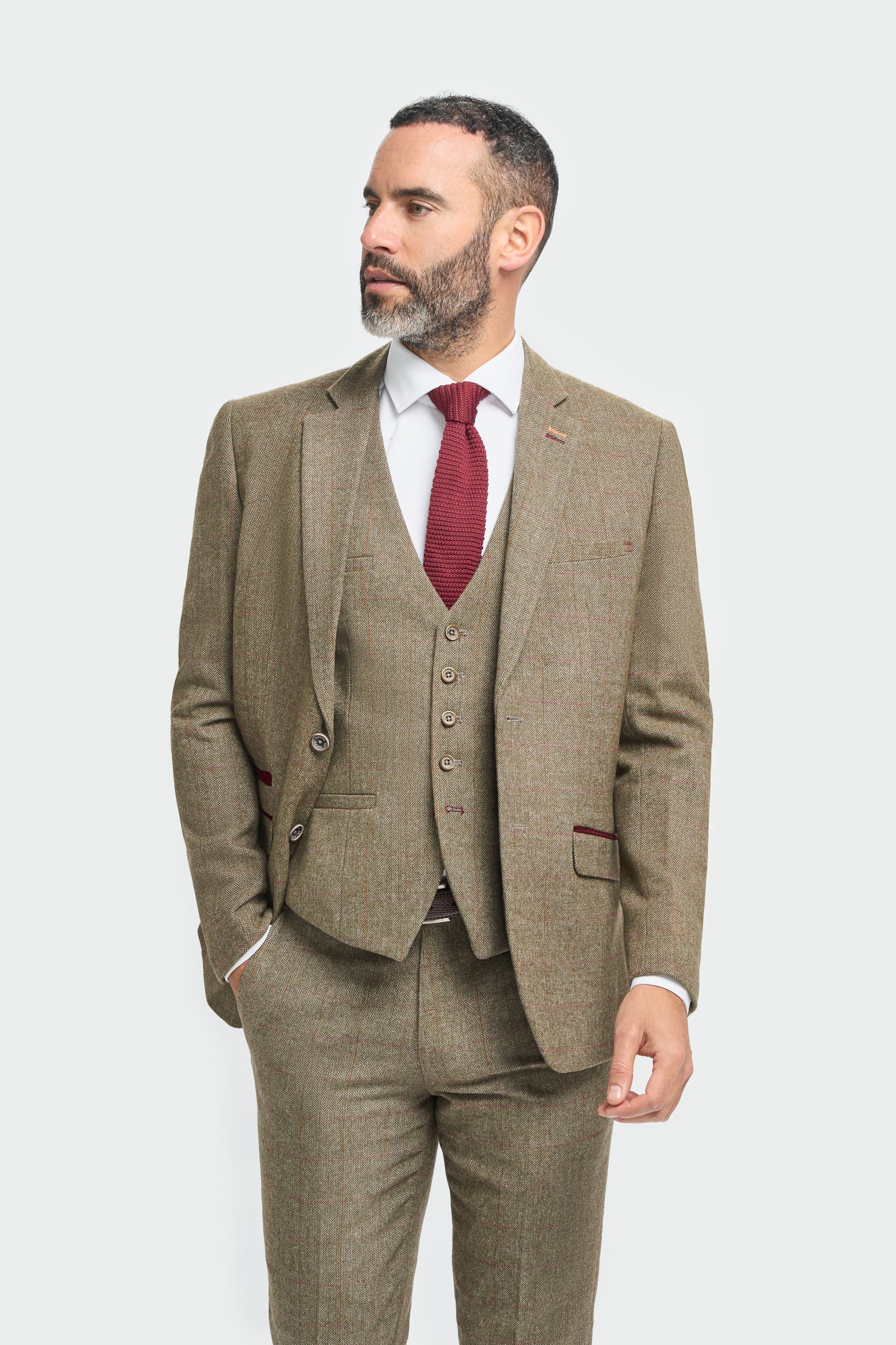 Men's Tweed Check Green Formal Suit - Gaston Sage  Model Picture