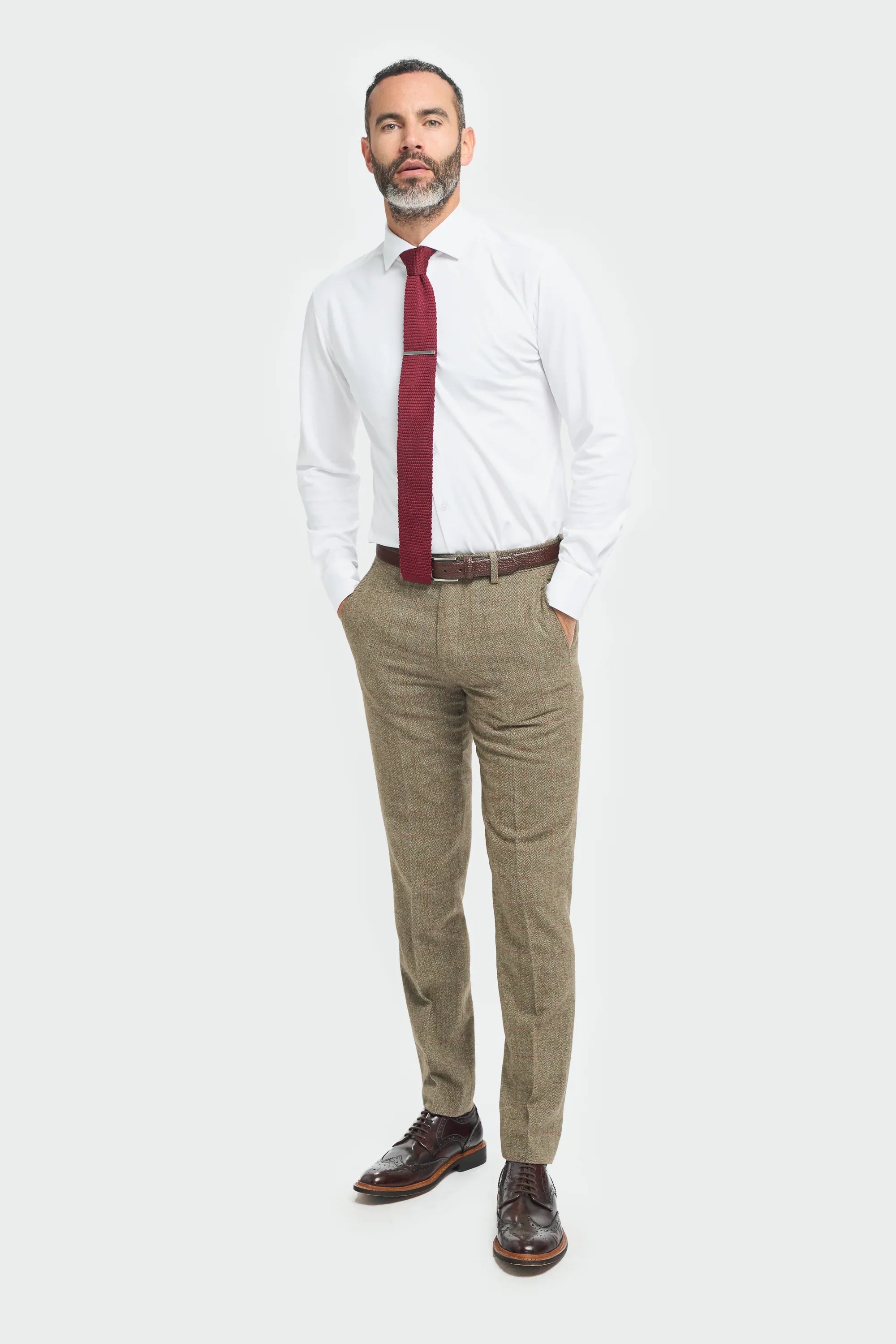Men's Tweed Check Green Formal Suit - Gaston Sage Trousers Front Picture