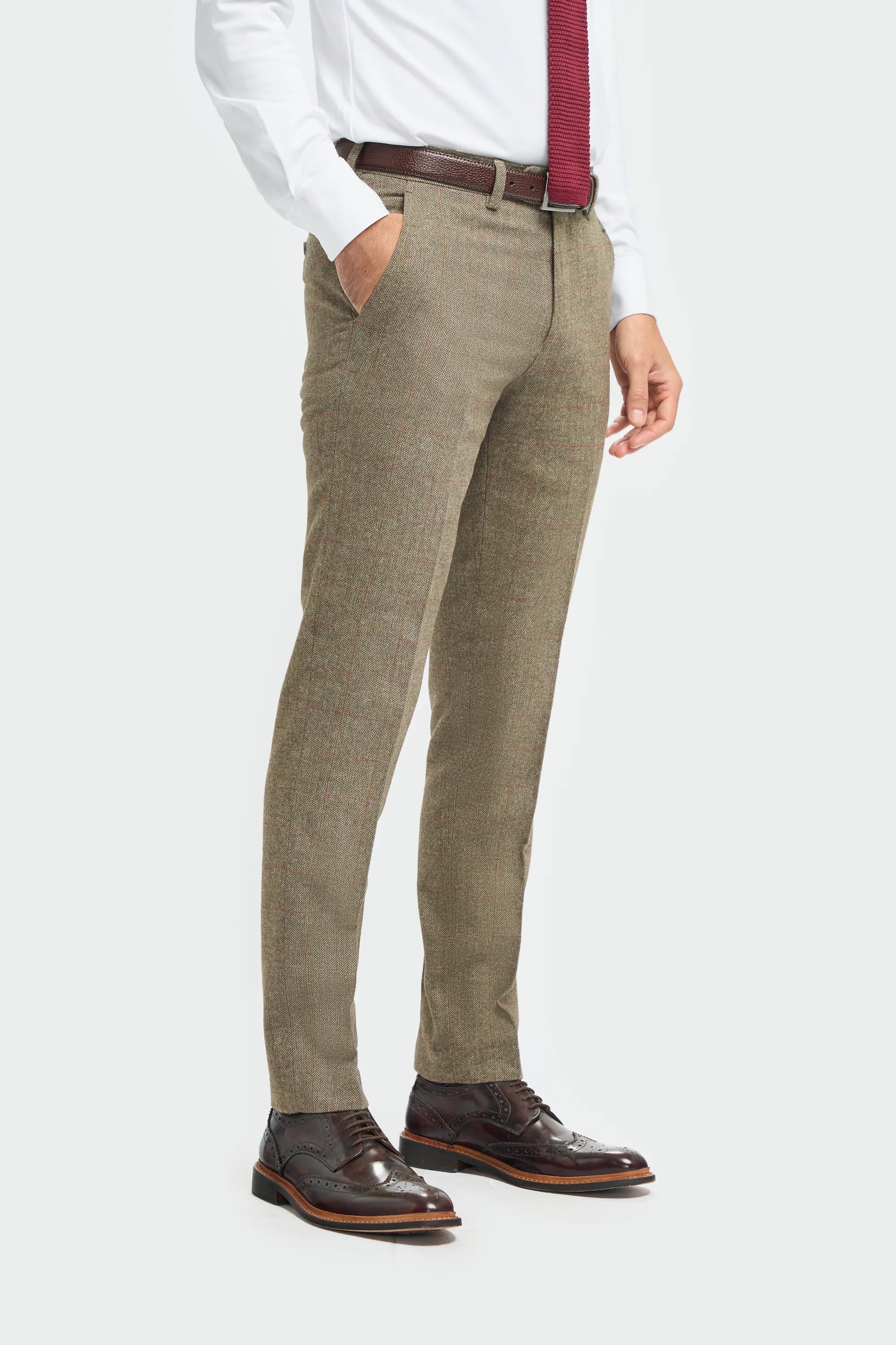 Men's Tweed Check Green Formal Suit - Gaston Sage Trousers Side Picture