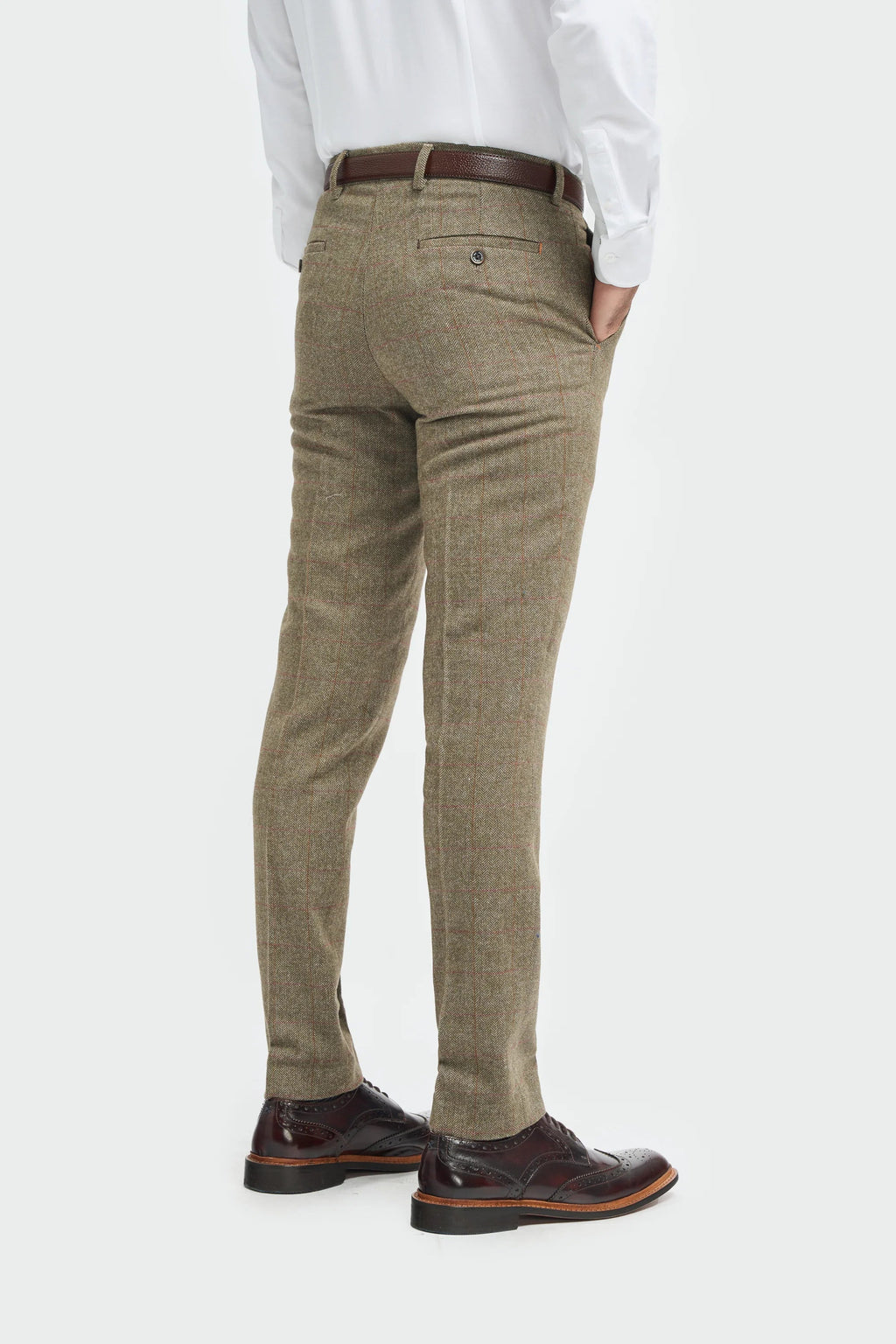 Men's Tweed Check Green Formal Suit - Gaston Sage  Trousers Back Picture