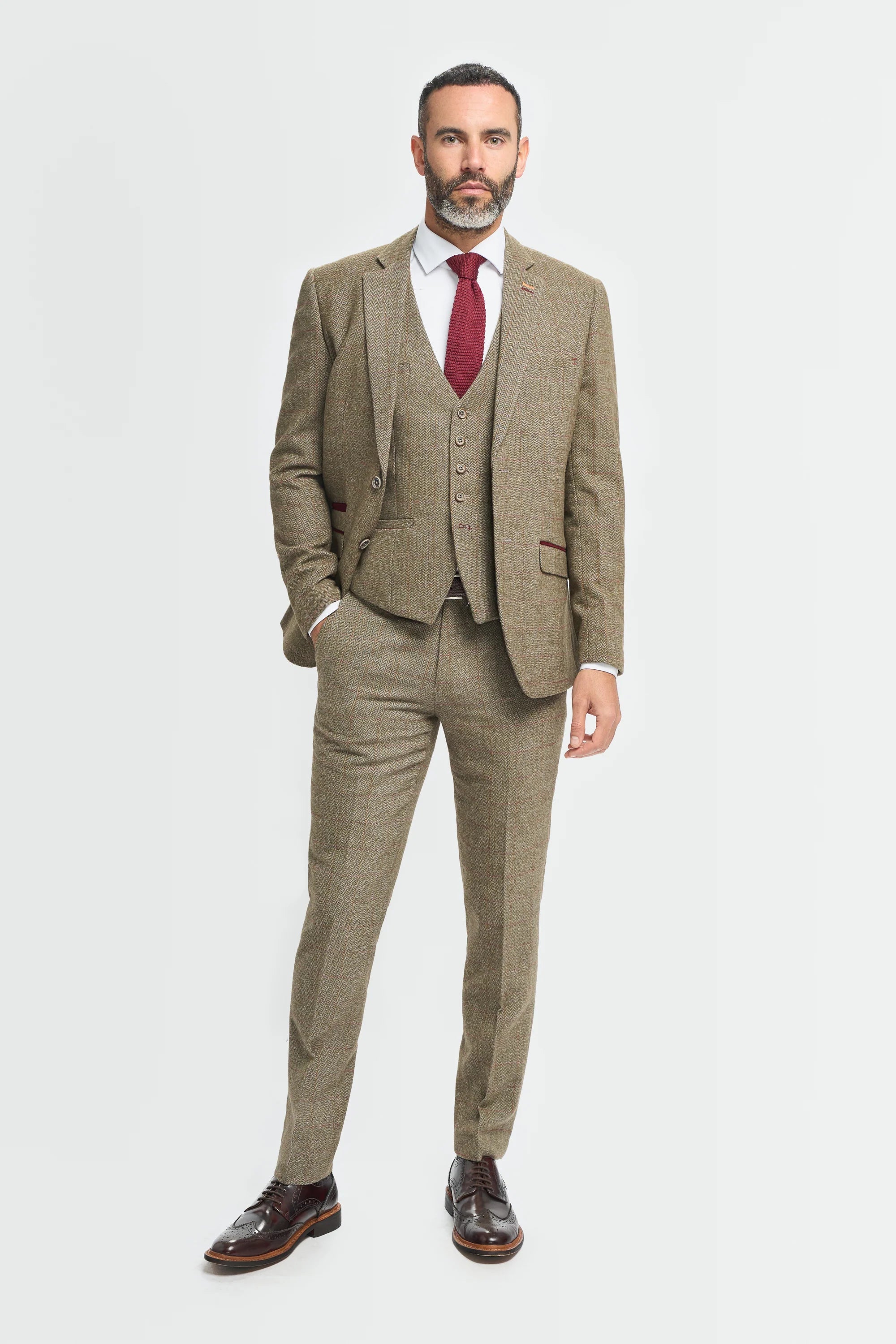 Men's Tweed Check Green Formal Suit - Gaston Sage  Model Front Picture