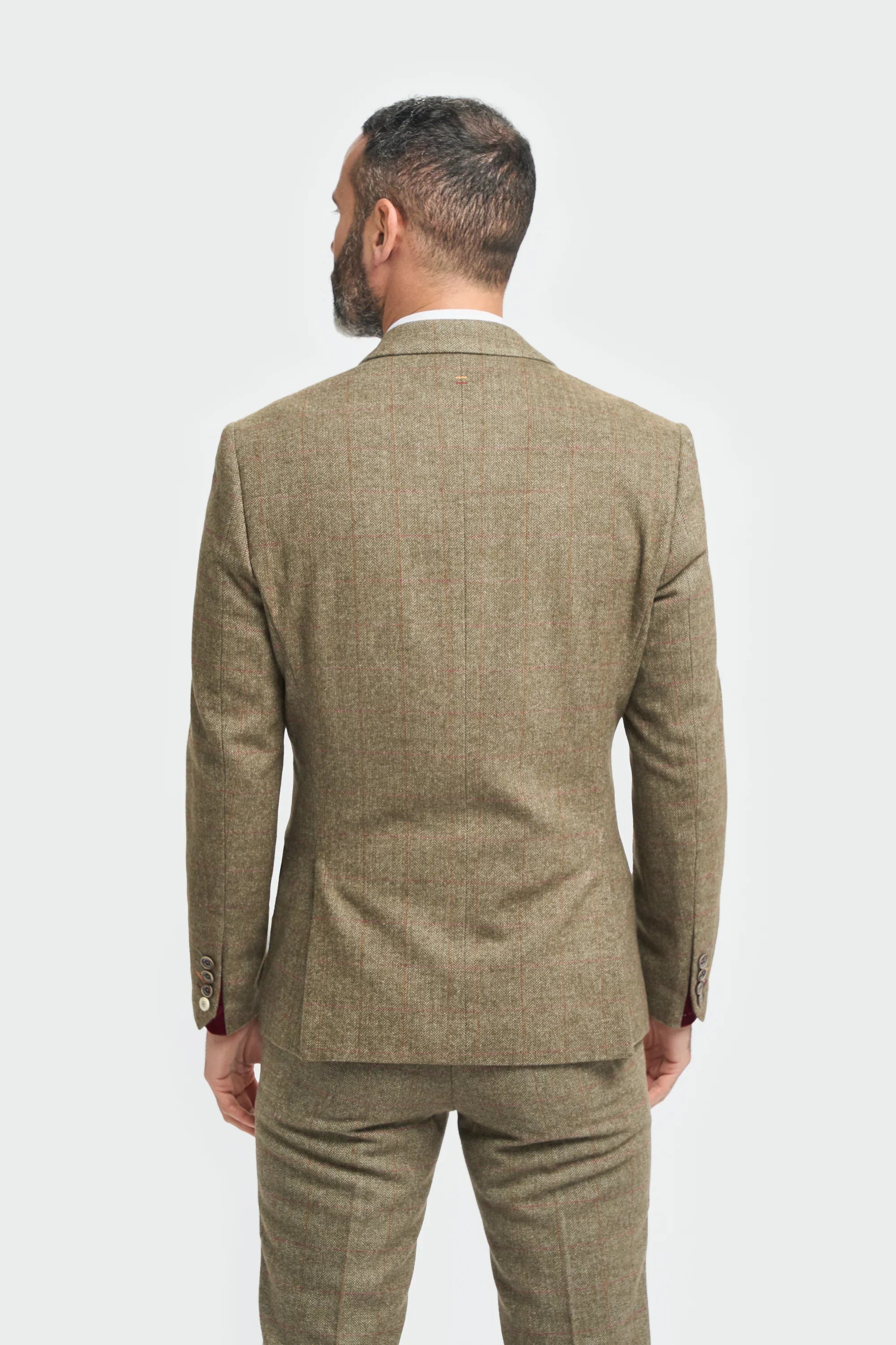 Men's Tweed Check Green Formal Suit - Gaston Sage Blazer Back Picture