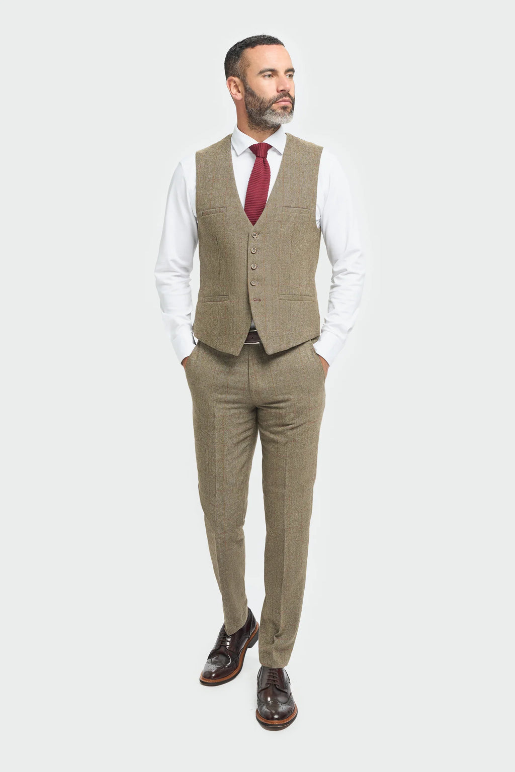 Men's Tweed Check Green Formal Suit - Gaston Sage Waistcoat Front Picture