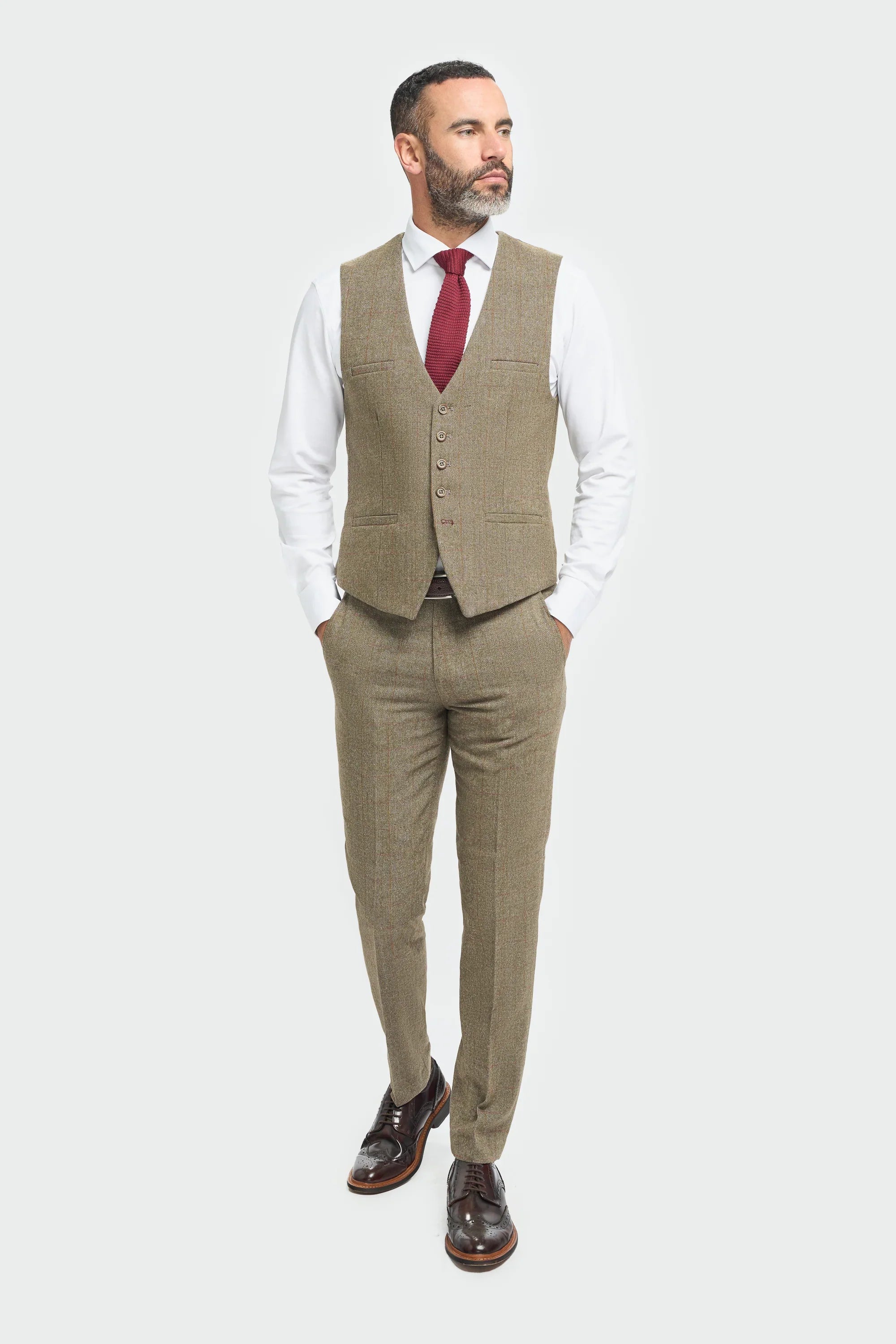 Men's Tweed Check Green Formal Suit - Gaston Sage Waistcoat Front Picture