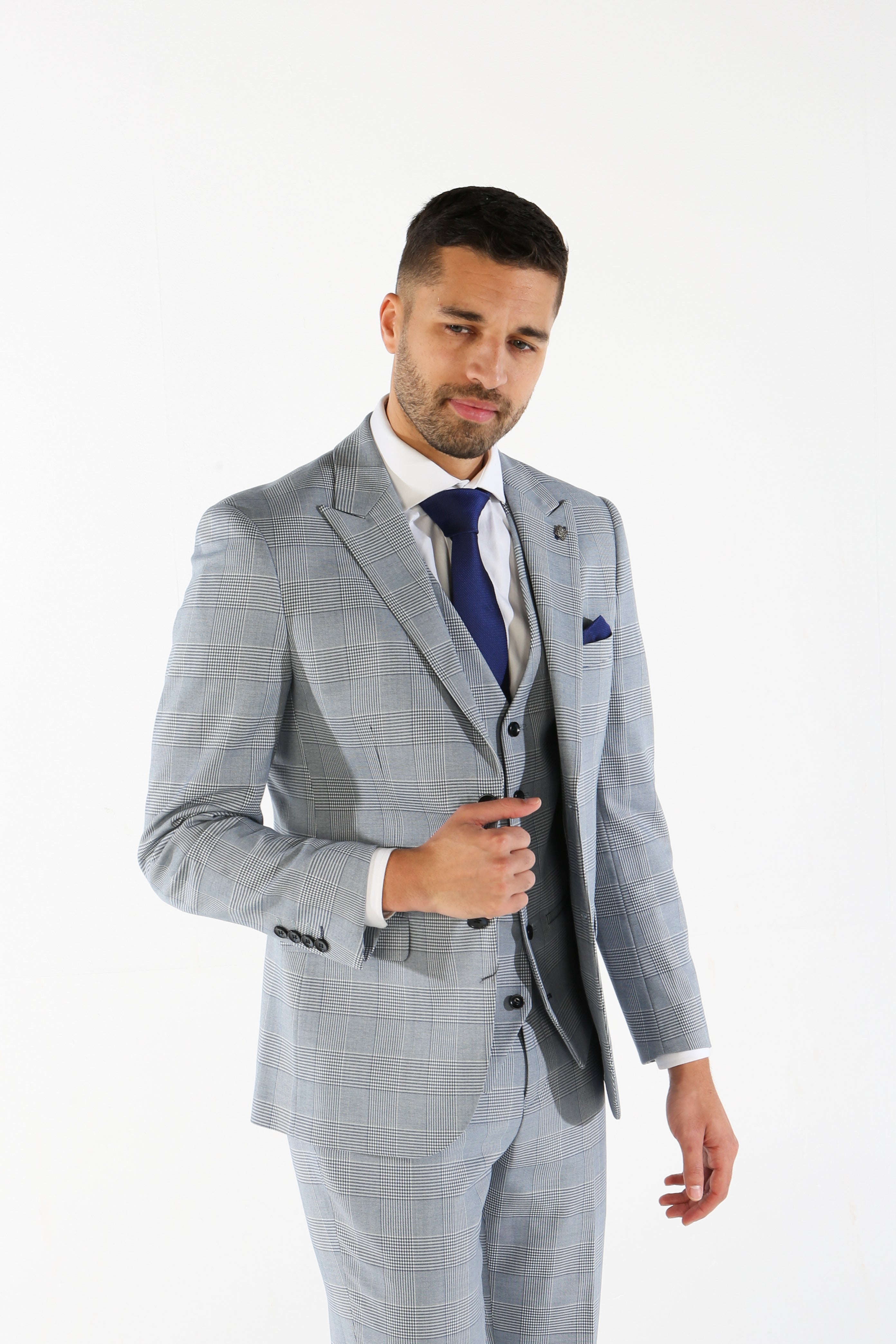Mens Sky Blue Tweed Houndstooth Check Suit MARK