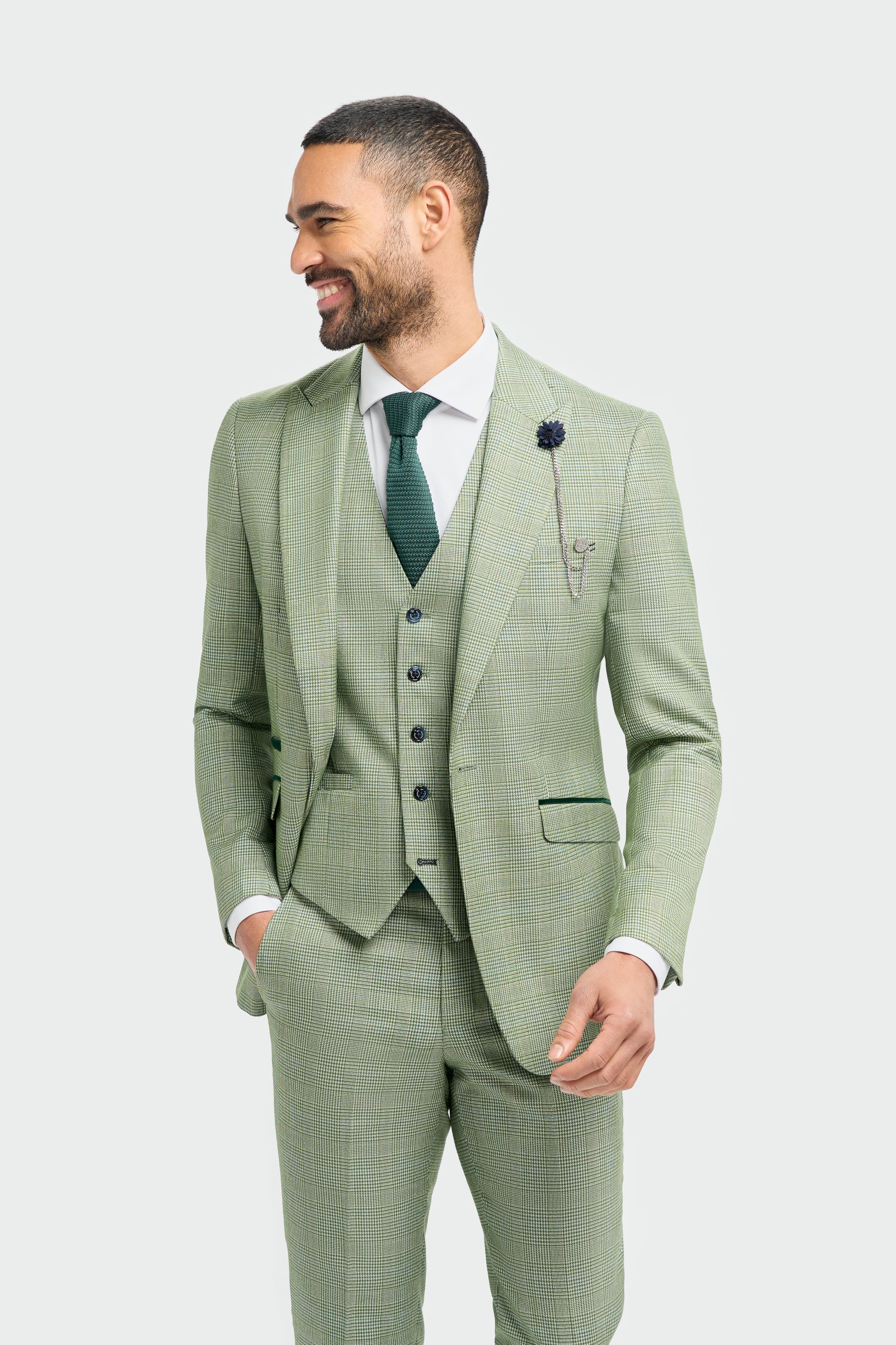 Men's Tweed Houndstooth Check Slim Fit Suit Jacket - CARIDI SAGE GREEN