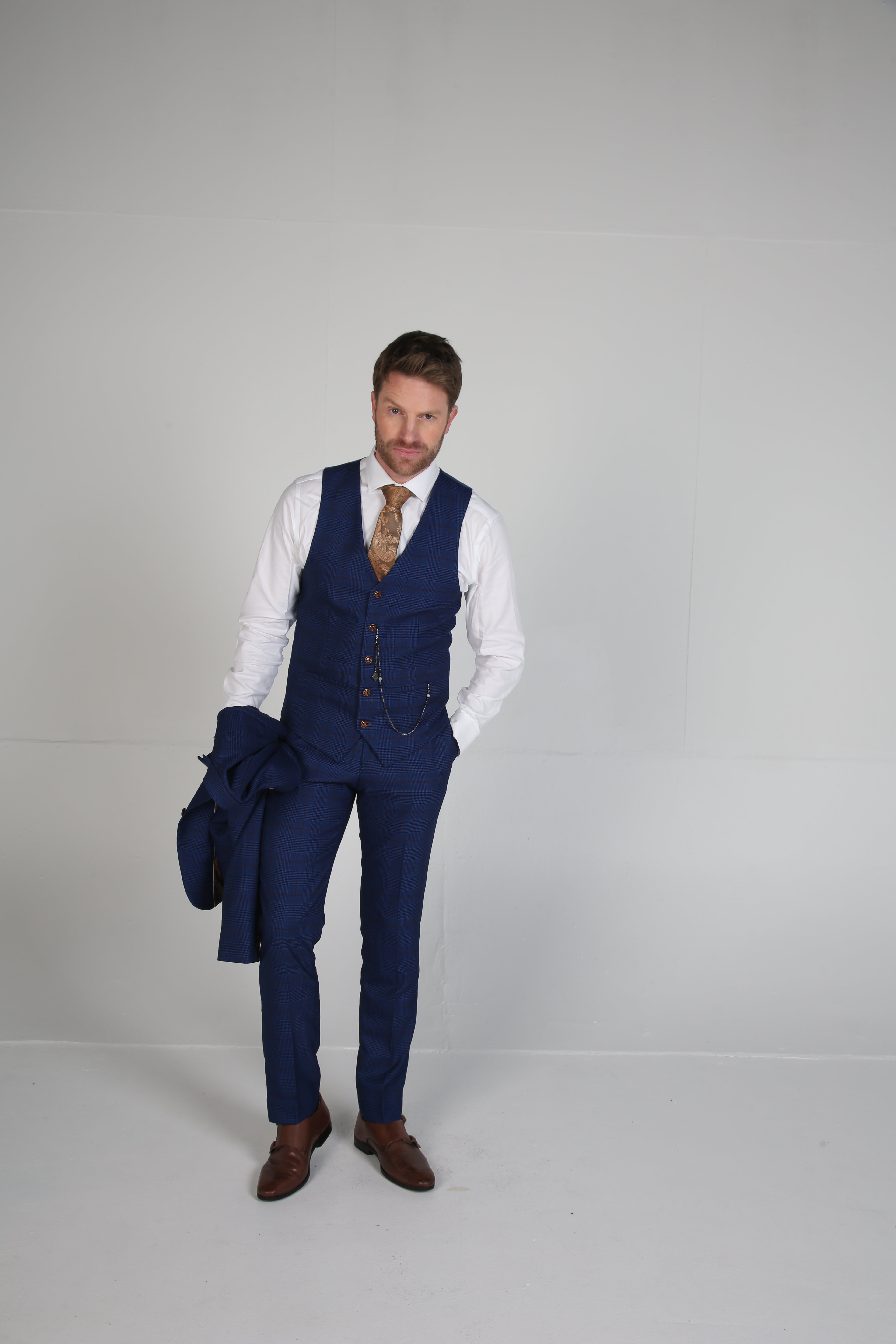 Mens Navy Tweed Windowpane Waistcoat ALEX