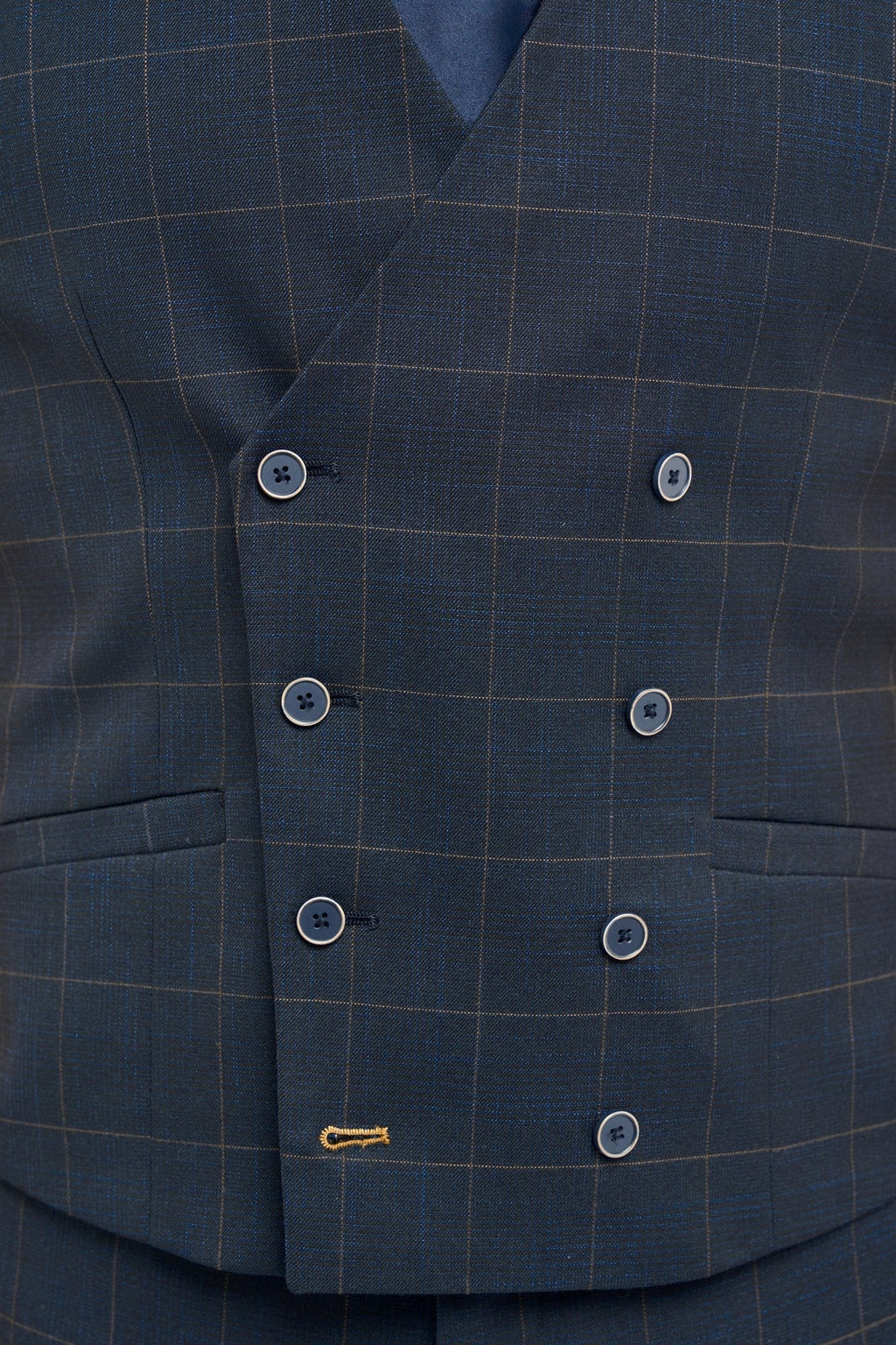 Men’s 3-Piece Windowpane Check Suit - Torino- Navy Waistcoat Detail Picture