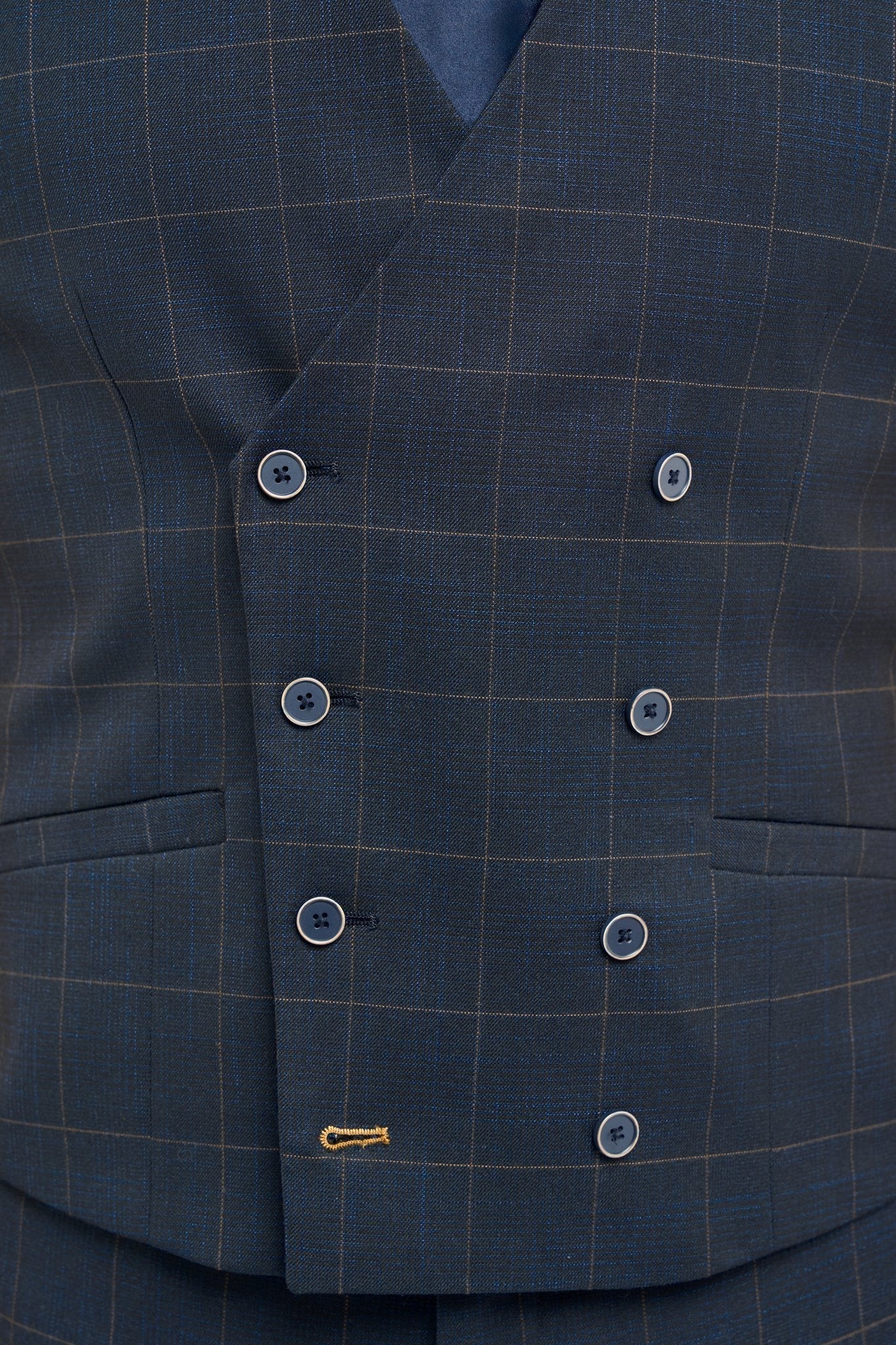 Men’s 3-Piece Windowpane Check Suit - Torino- Navy Waistcoat Detail Picture