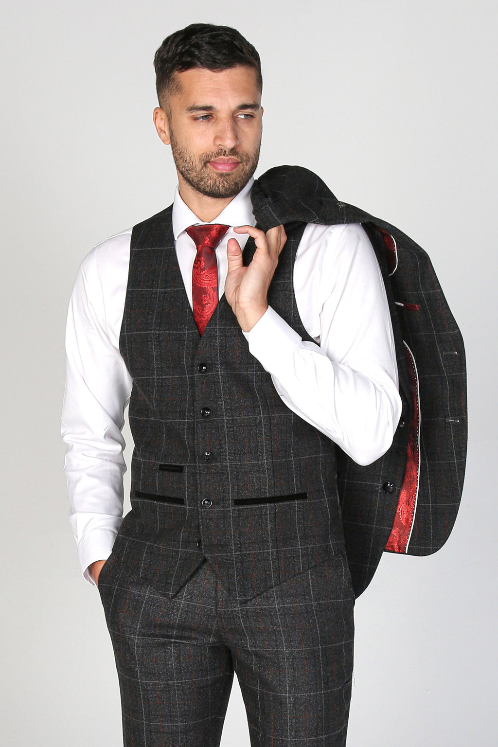 Men's Harvey Charcoal Grey Windowpane Tailored Business Suit