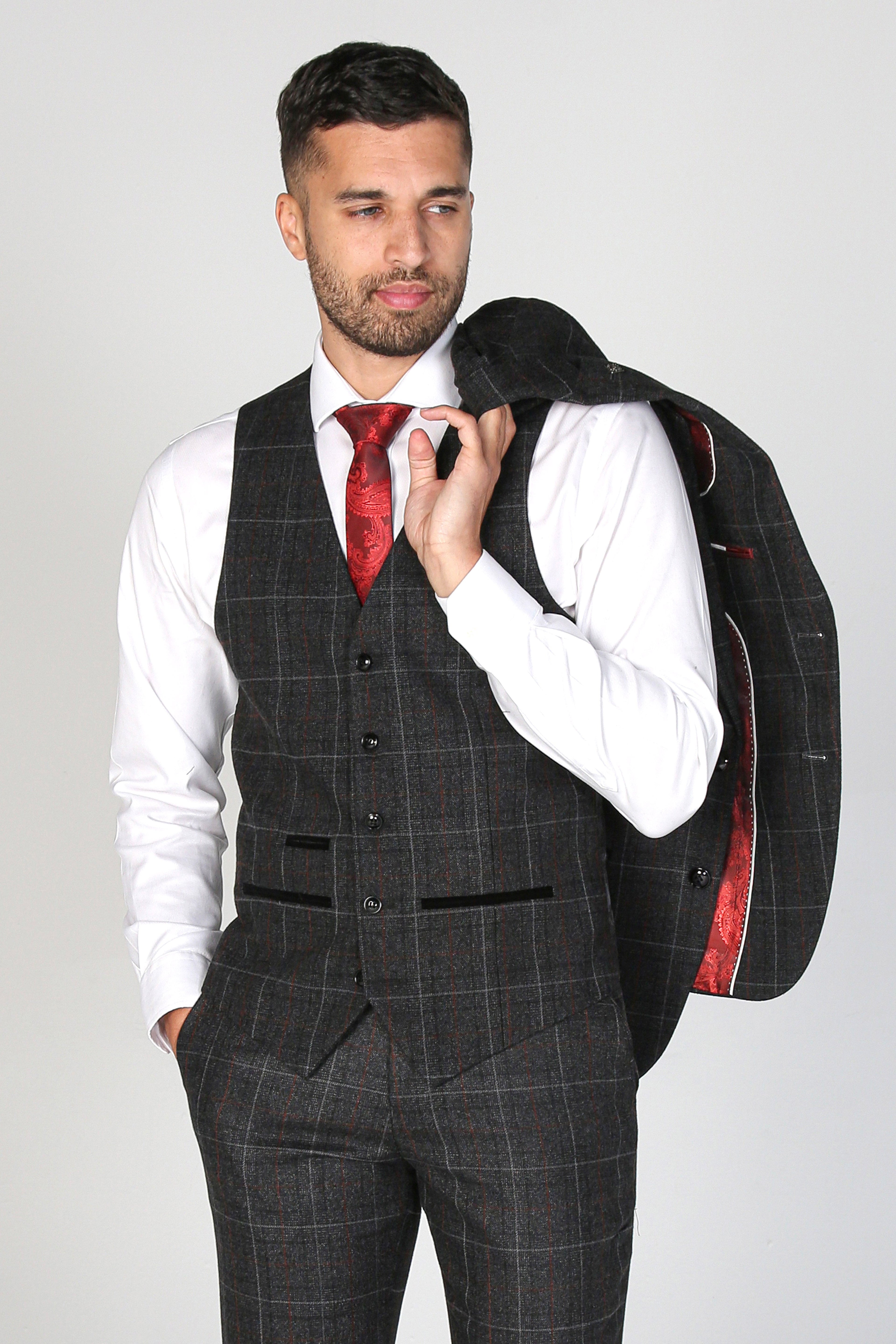 Men's Harvey Charcoal Grey Windowpane Tailored Business Suit