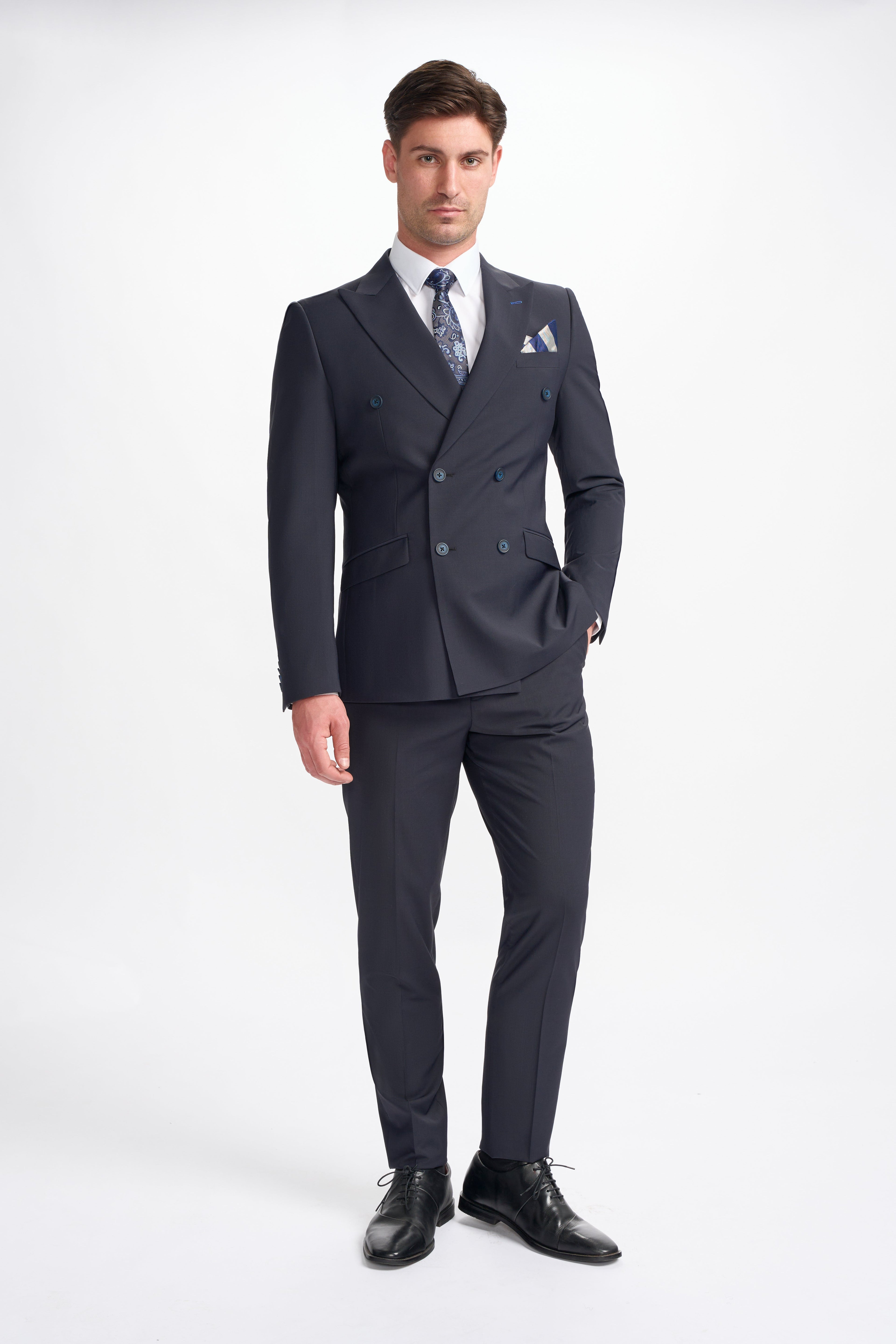 BOND D/B Midnight Blue Men's Wool Blend Double-Breasted Suit