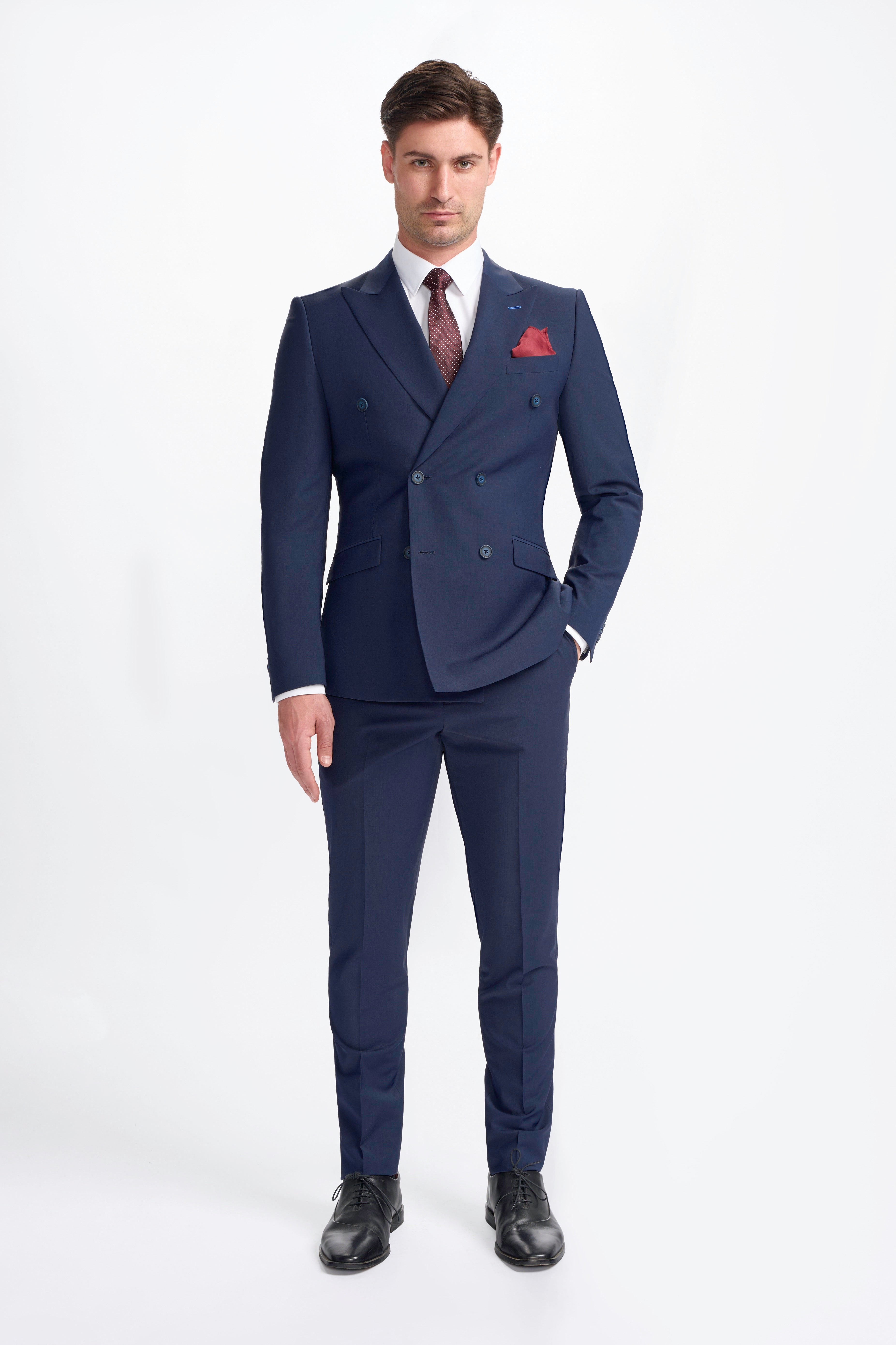BOND D/B Navy Blue Men's Wool Blend Double-Breasted Suit