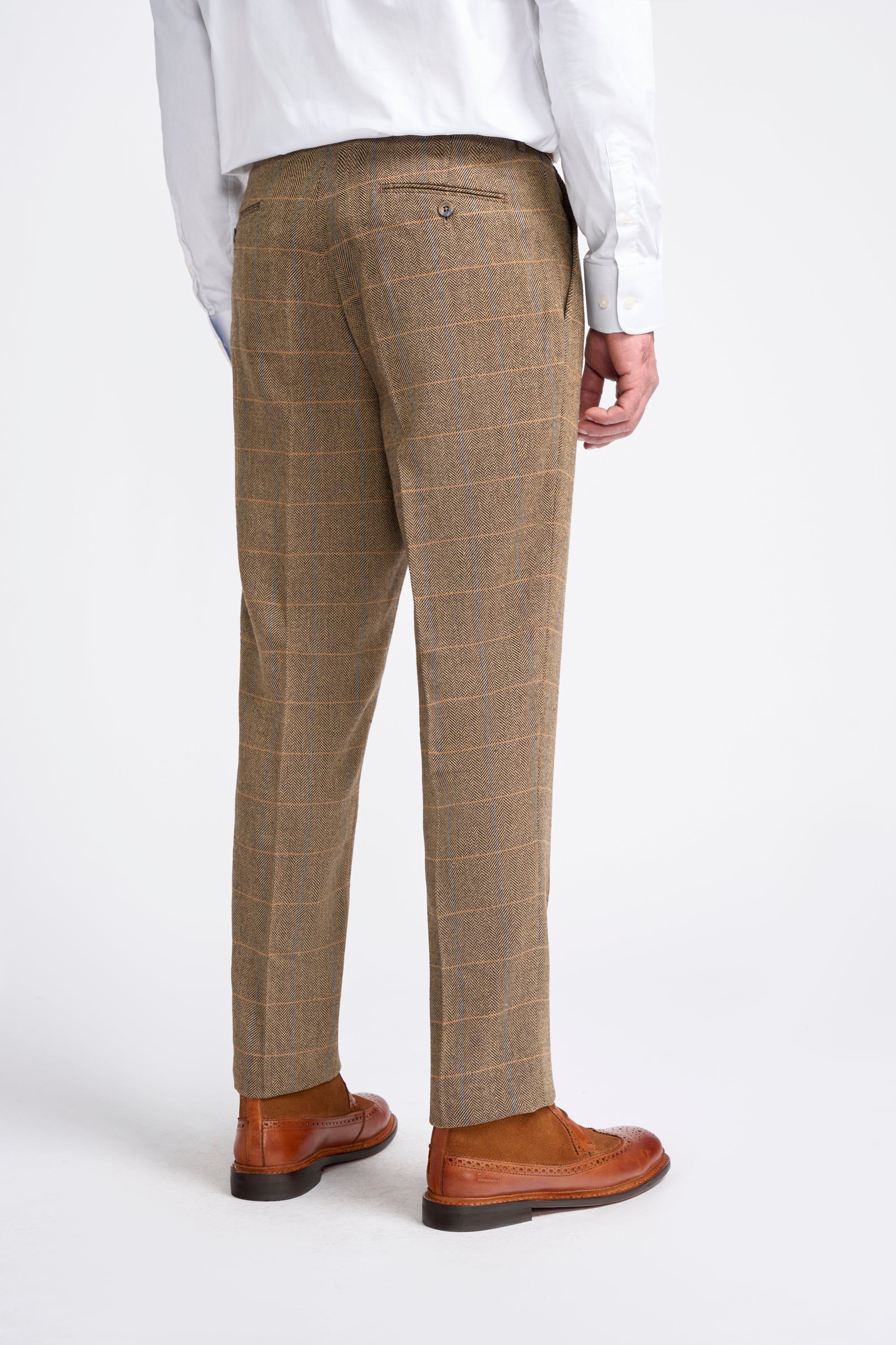 Men's Wool Blend Herringbone Check Suit - Albert - Brown Trousers Back Picture