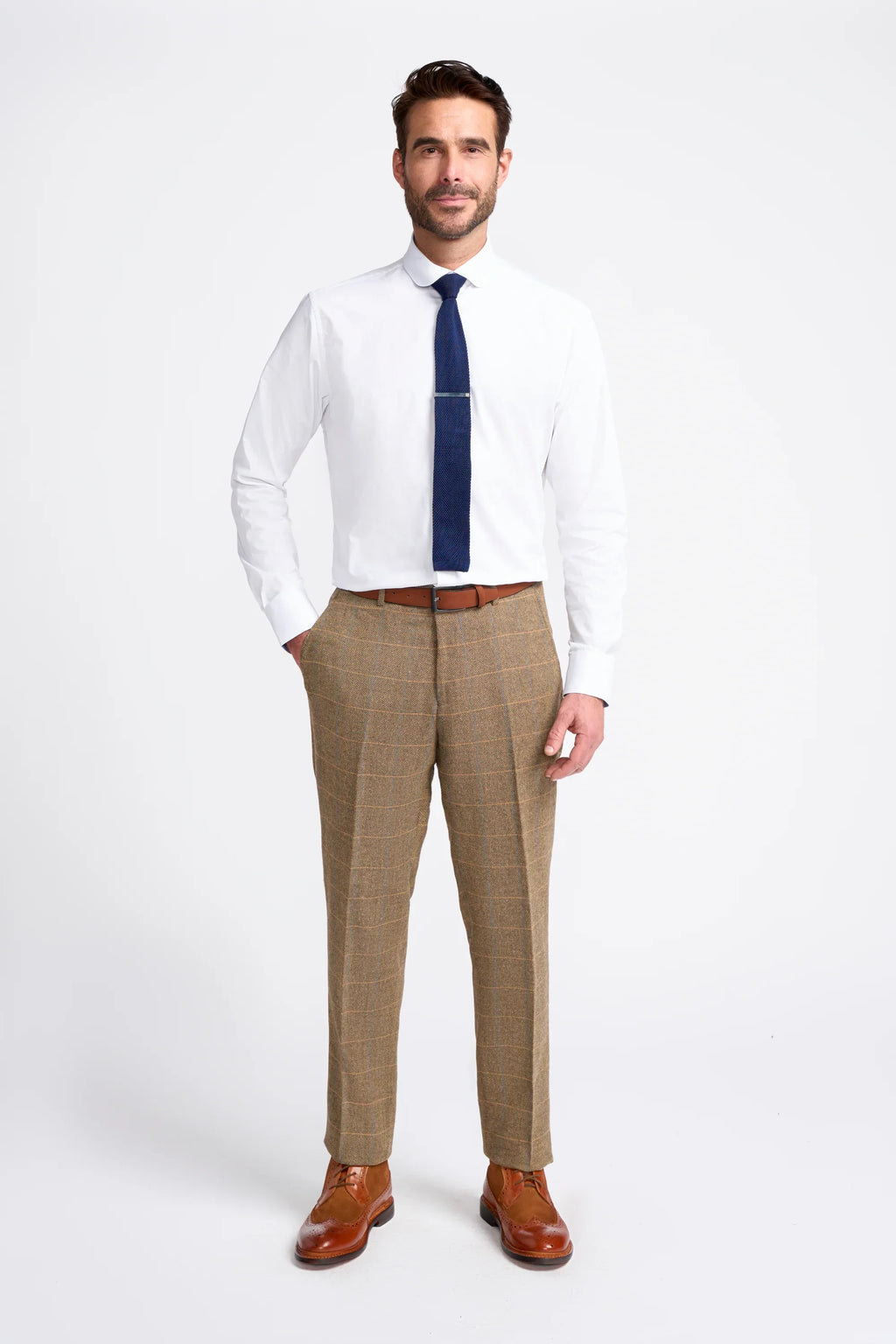 Men's Wool Blend Herringbone Check Suit - Albert - Brown Trousers Front Picture