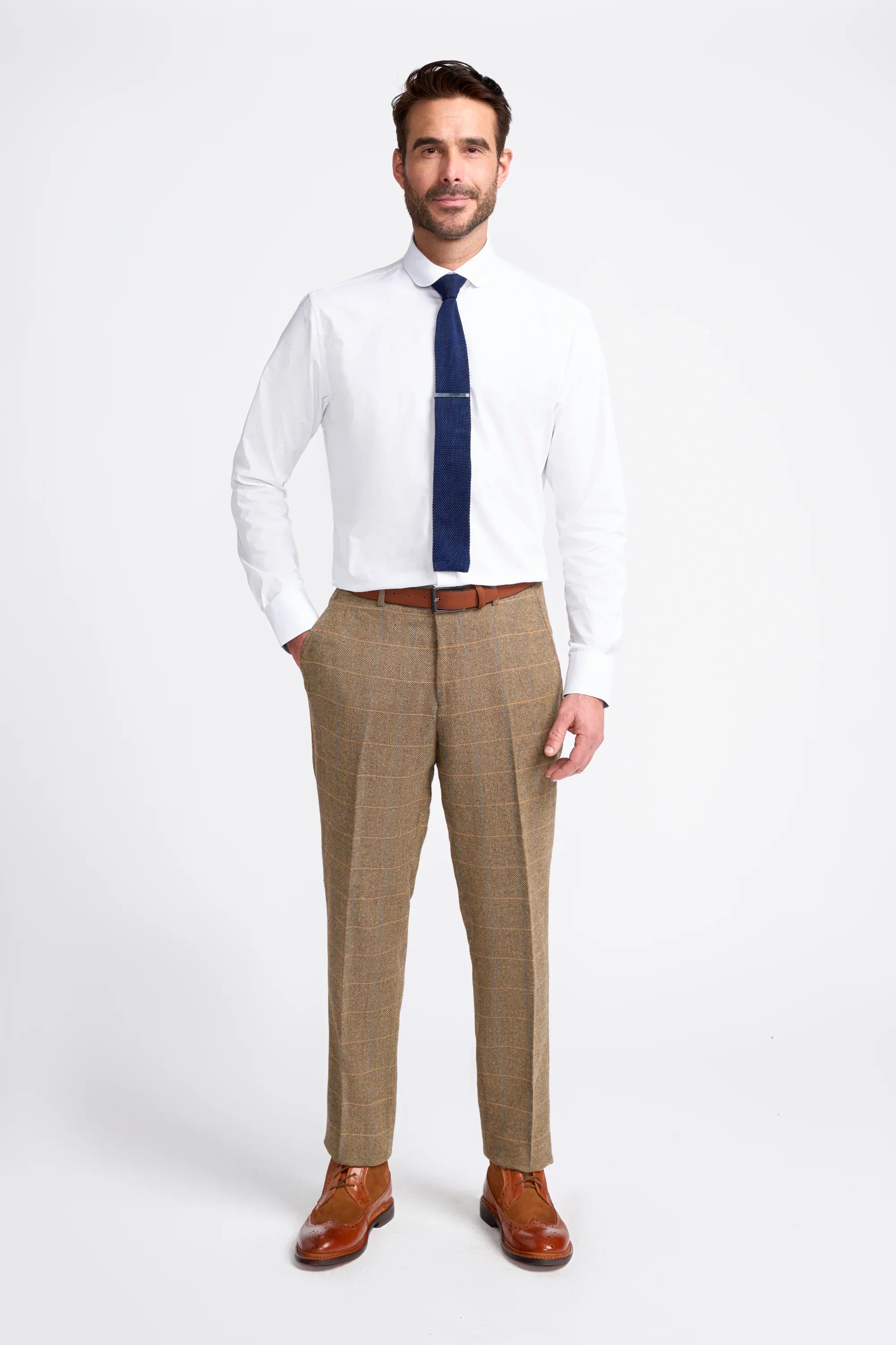 Men's Wool Blend Herringbone Check Suit - Albert - Brown Trousers Front Picture