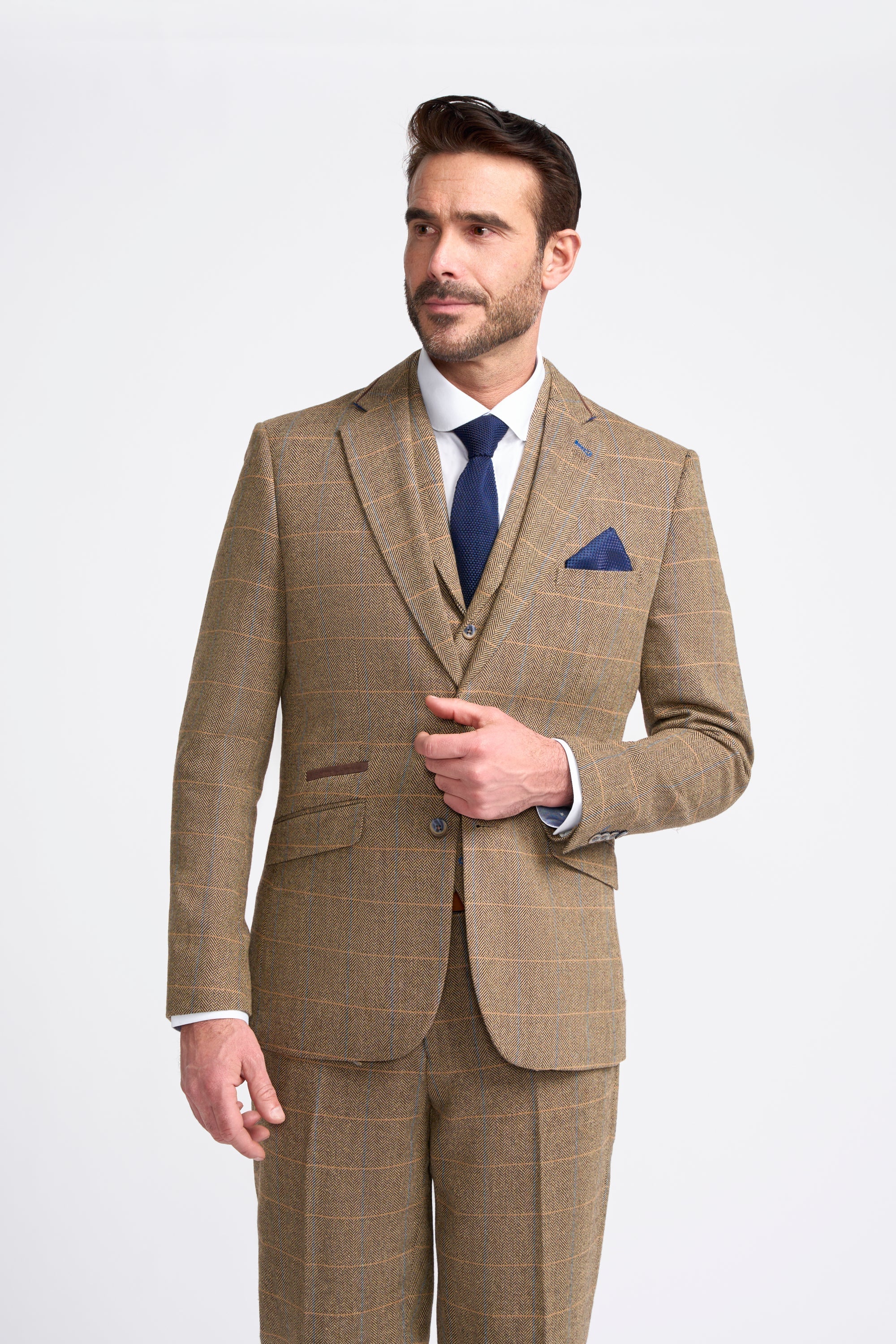 Men's Wool Blend Herringbone Check Suit - Albert - Brown Front Picture