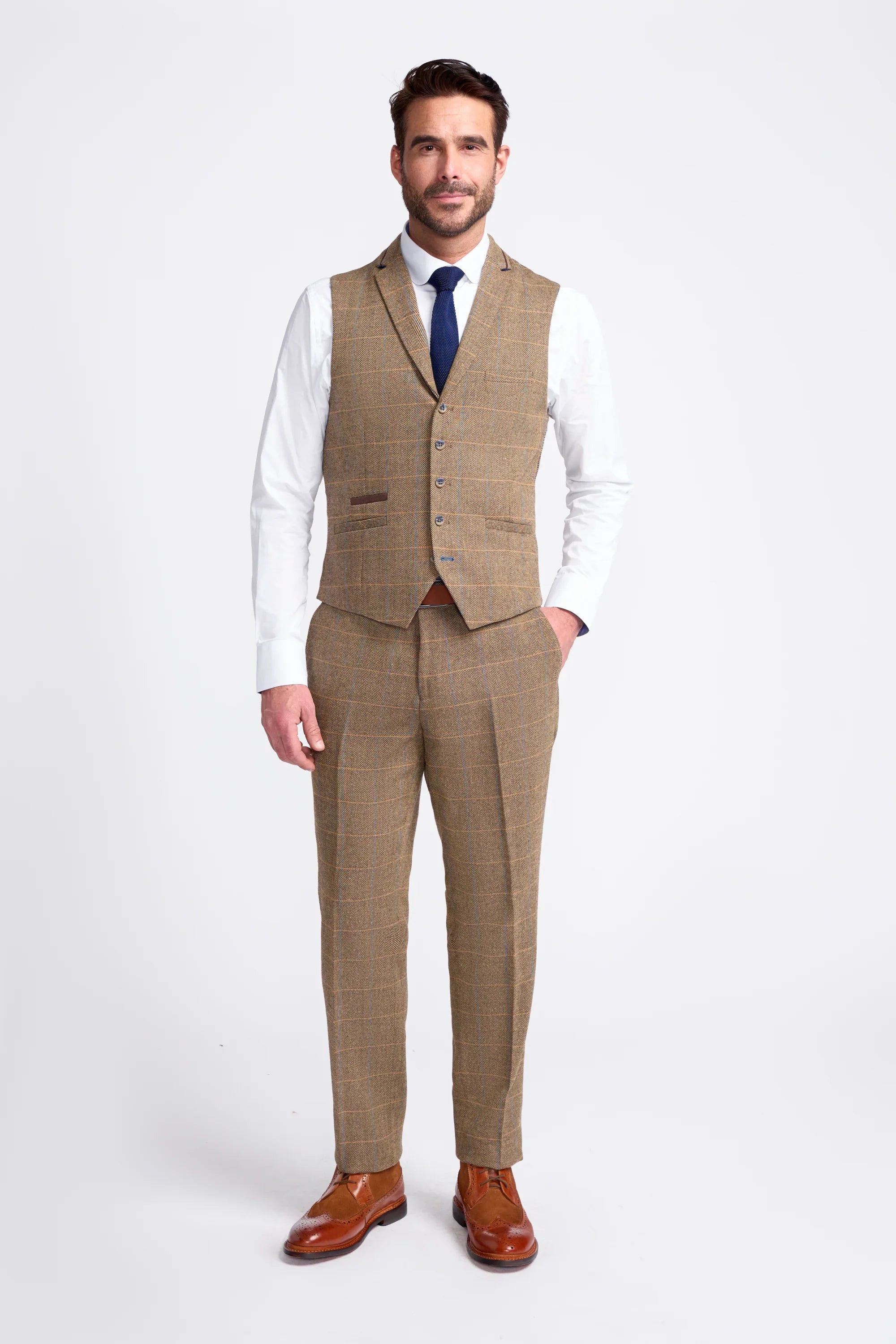 Men's Wool Blend Herringbone Check Suit - Albert - Brown Waistcoat Back Picture