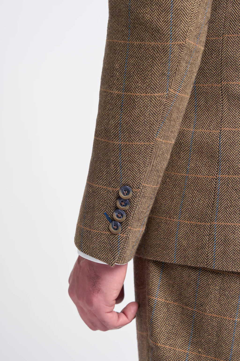 Men's Wool Blend Herringbone Check Suit Jacket - Albert - Tan Brown Detail Picture