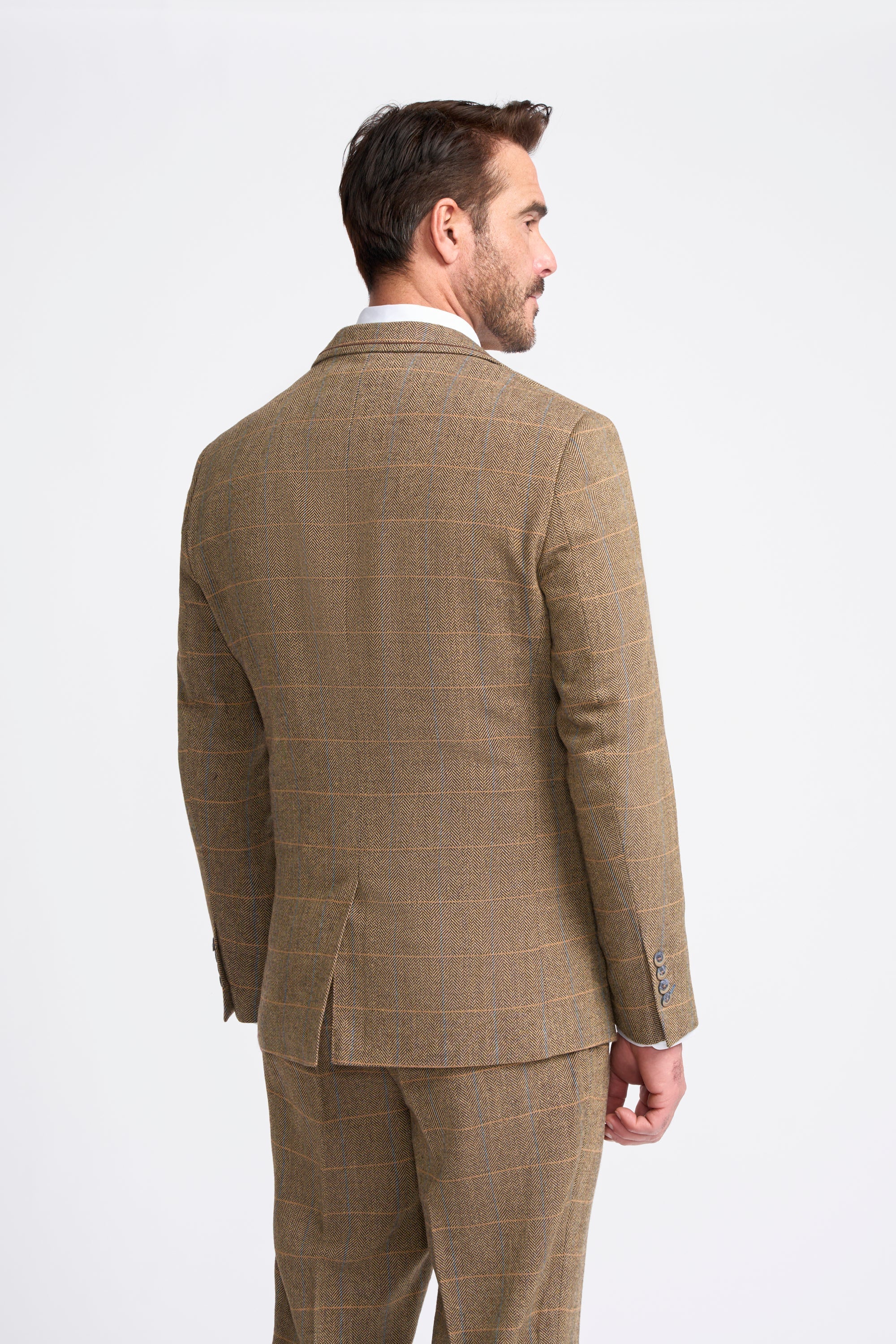 Men's Wool Blend Herringbone Check Suit Jacket - Albert - Tan Brown Blazer Back Picture