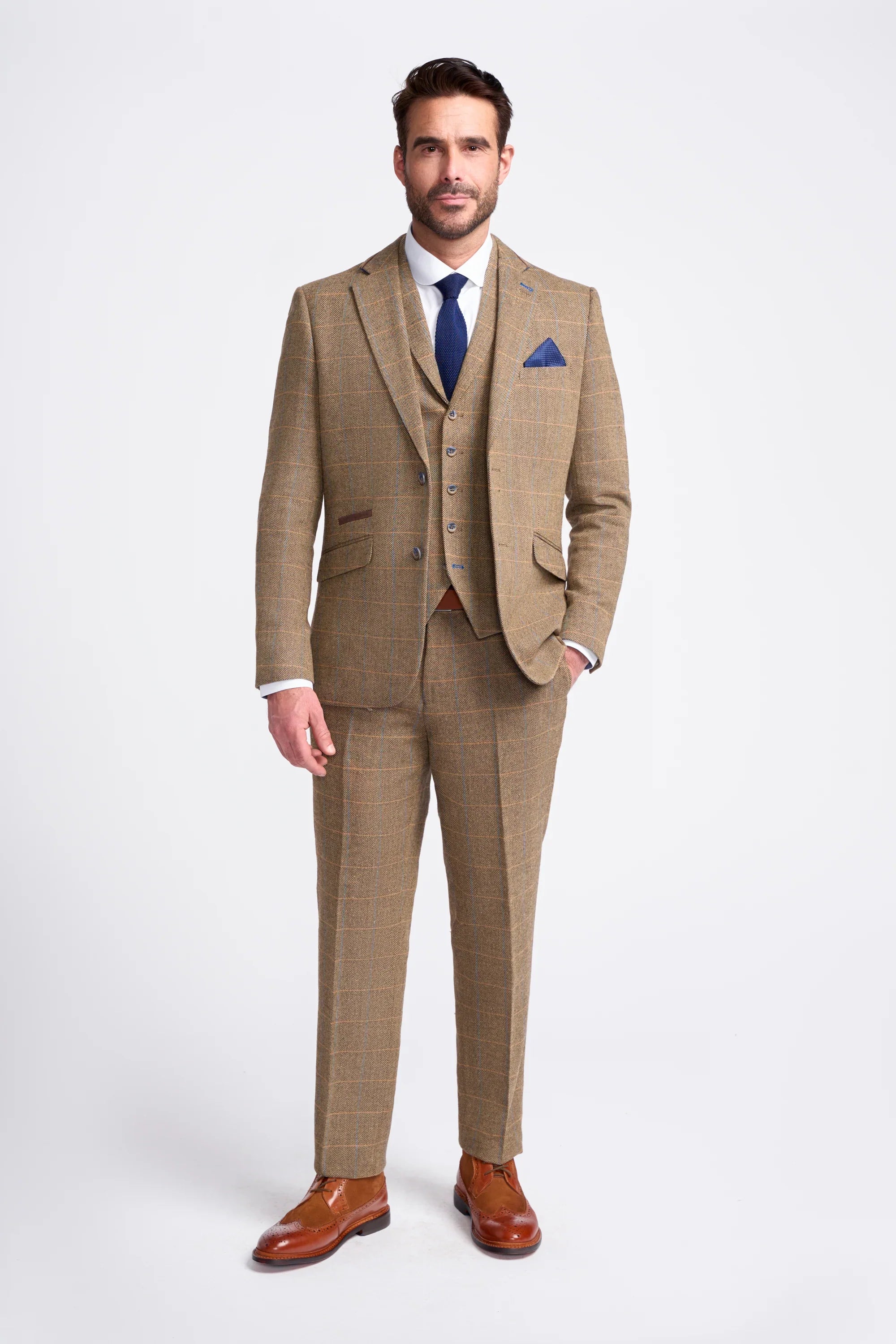 Men's Wool Blend Herringbone Check Suit Jacket - Albert - Tan Brown Model Front Picture