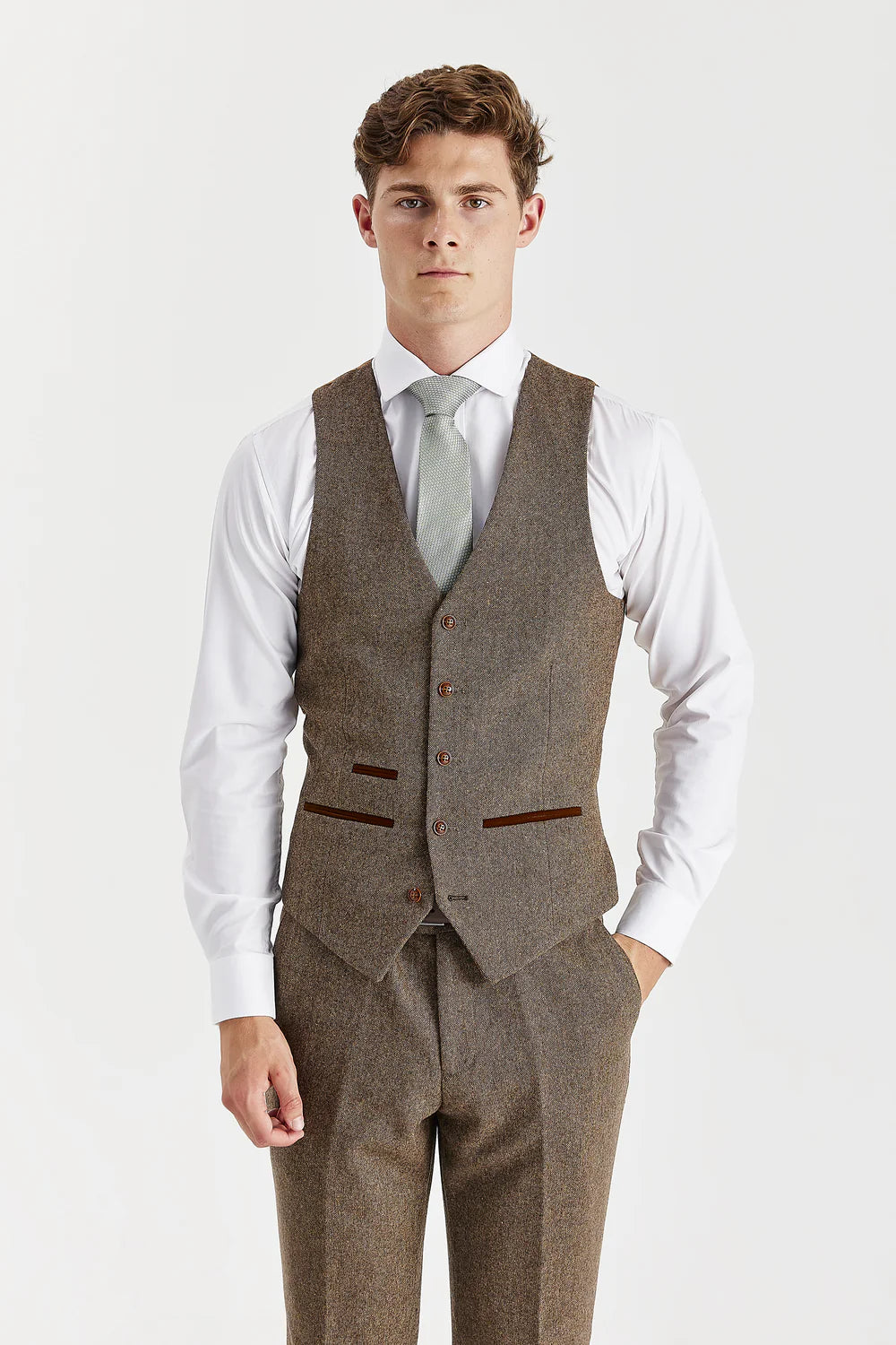 Mens Brown Wool Blend Formal Waistcoat OSCAR Front Picture