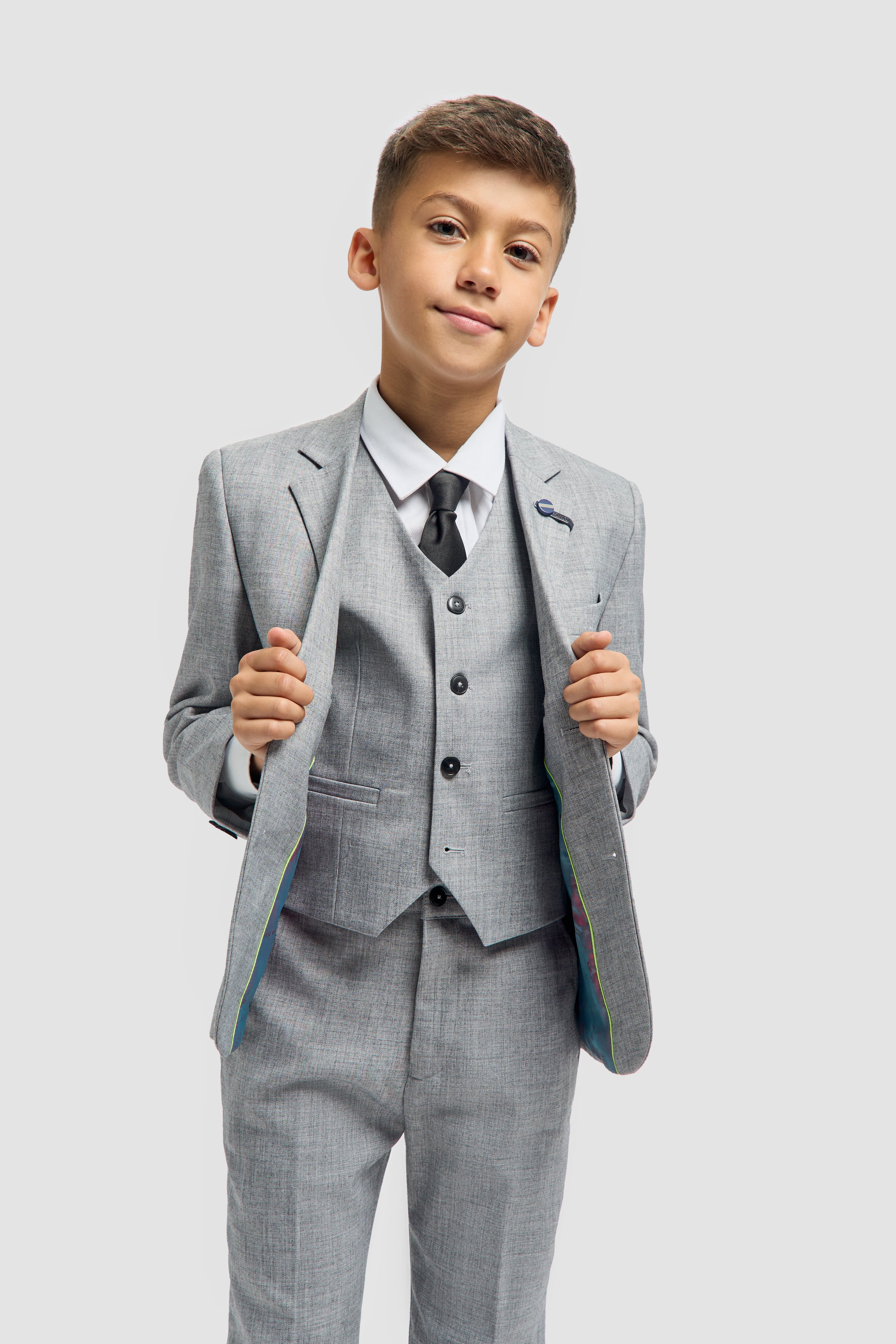 boys’ premium tailored fit suits in black navy grey