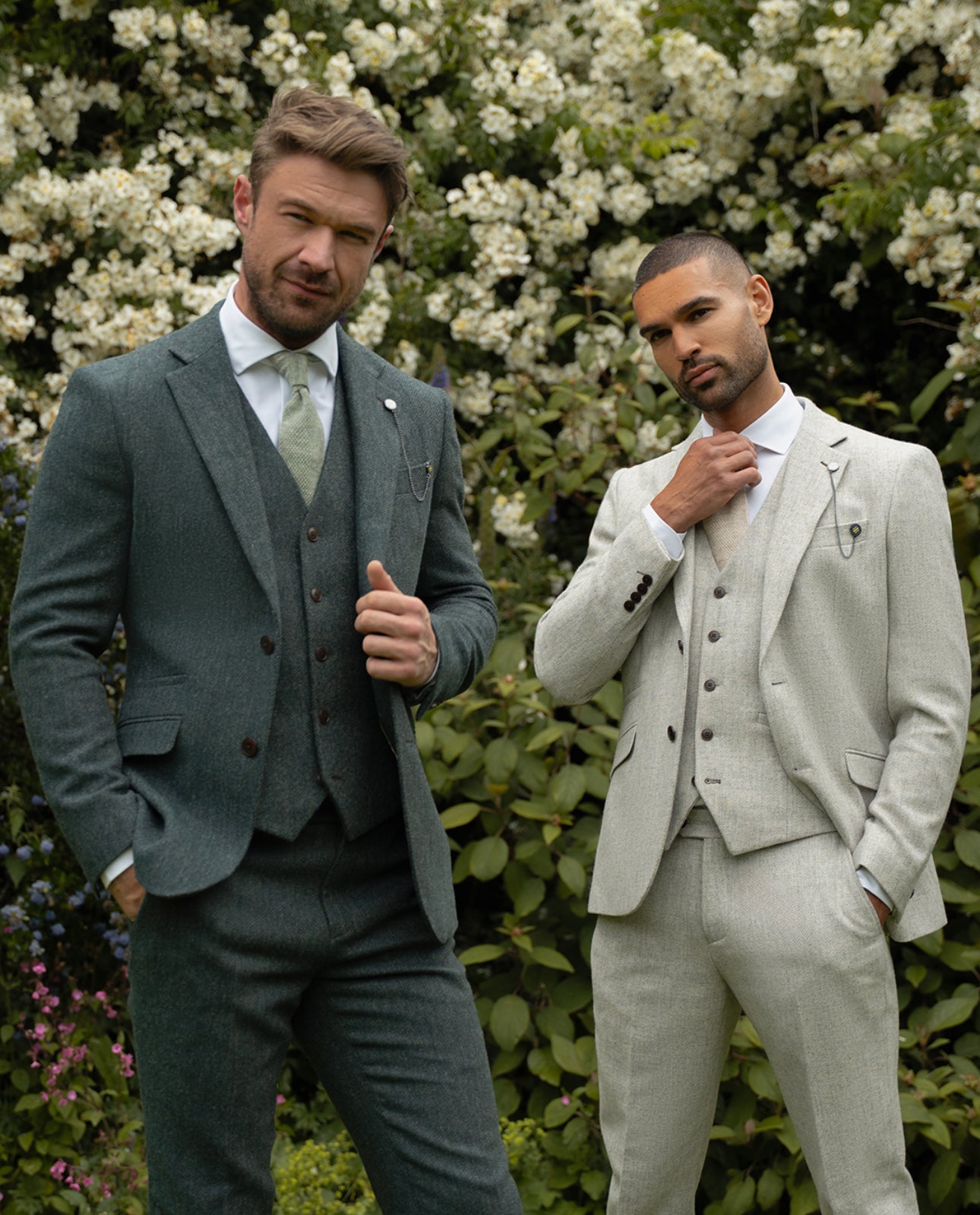 Men’s Pearl Grey 3 Piece Wool Herringbone Tweed Suit Thomas