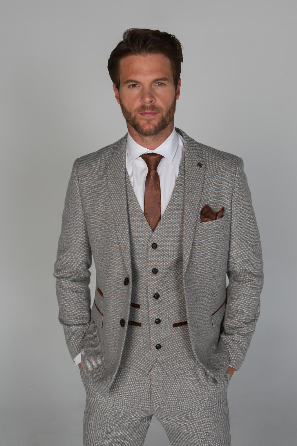 men’s cream beige tweed-like 3-piece wedding suit