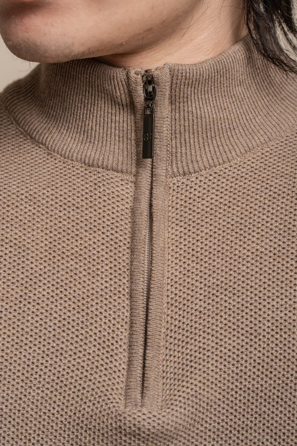 Mens Fawn Brown Half Zip Knit Cotton Pullover KYLE