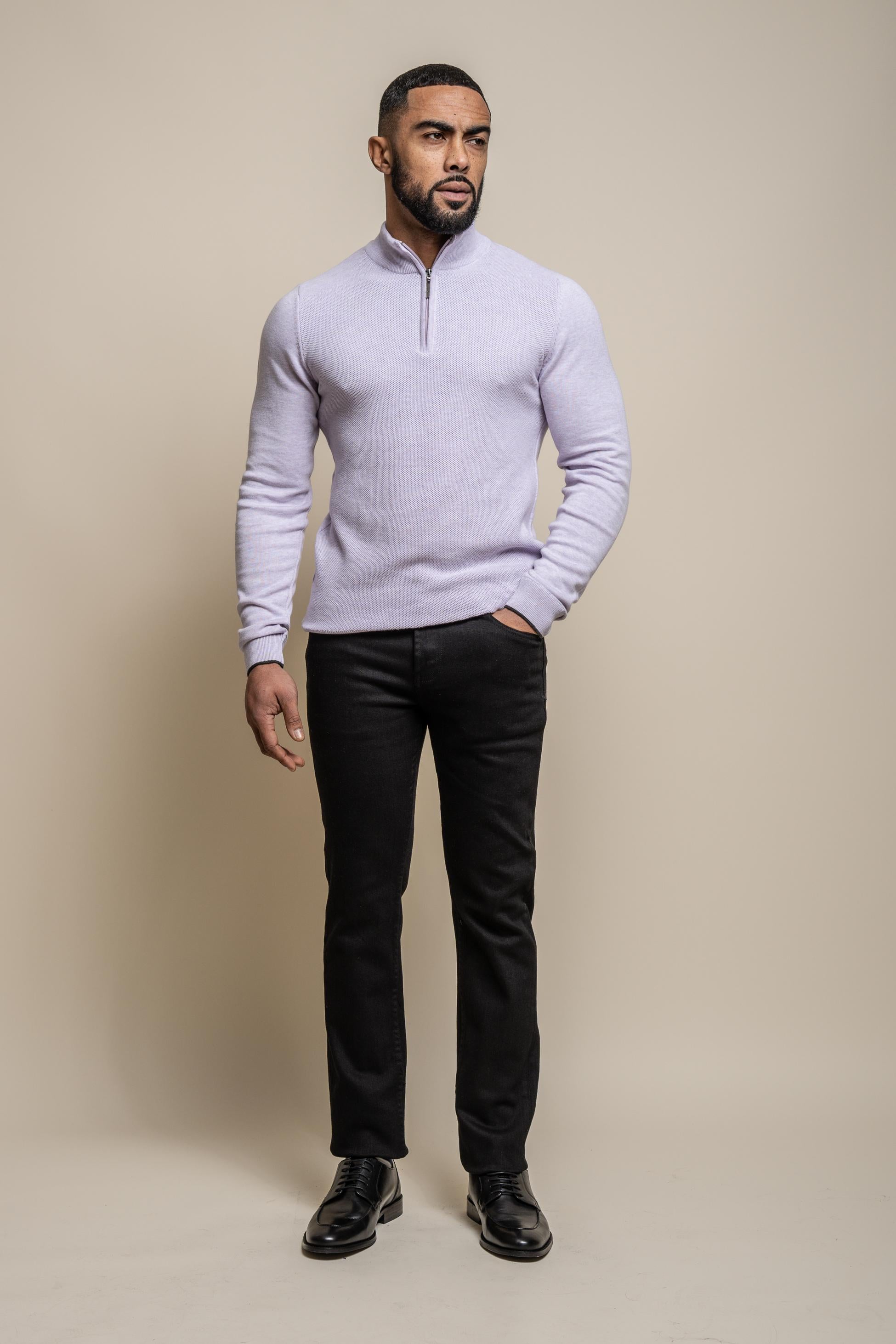 Mens Lavender Half Zip Knit Cotton Pullover KYLE