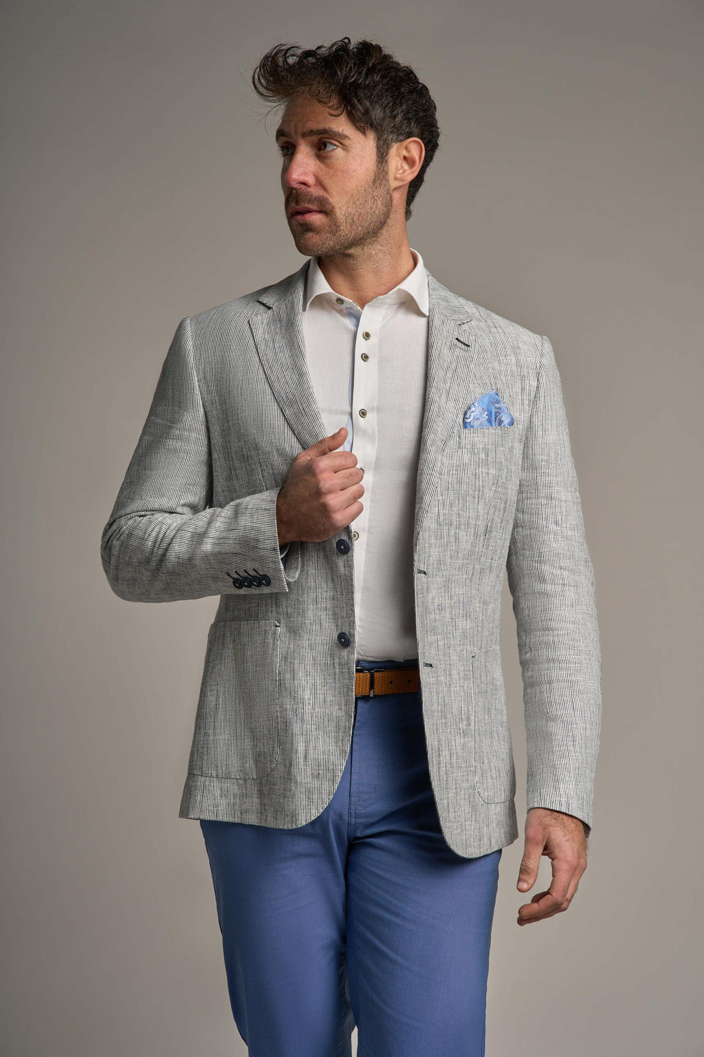 Image of men’s cotton blend slim fit blazer, modern business casual style