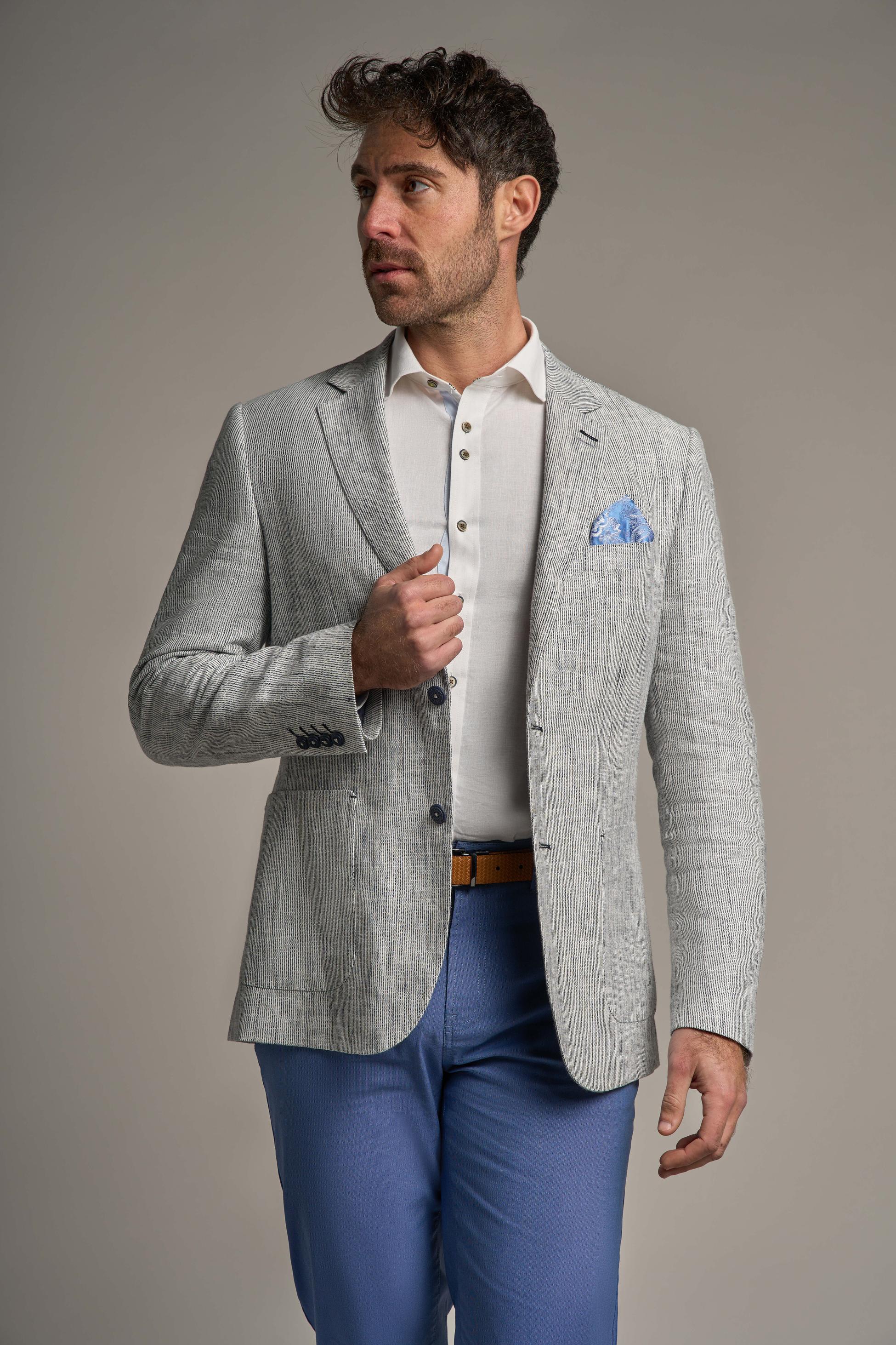 Image of men’s cotton blend slim fit blazer, modern business casual style